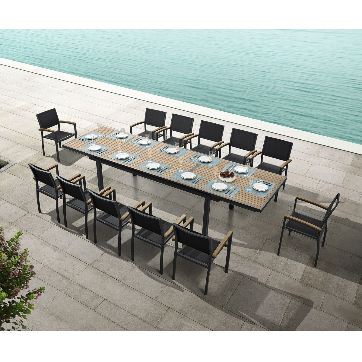 Ensemble de salle à manger d'extérieur Heck 13 pièces en teck FSC et aluminium pour 12 personnes, table extensible et chaises empilables, noir anthracite