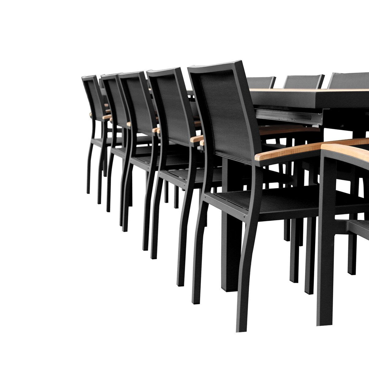 Ensemble de salle à manger d'extérieur Heck 13 pièces en teck FSC et aluminium pour 12 personnes, table extensible et chaises empilables, noir anthracite