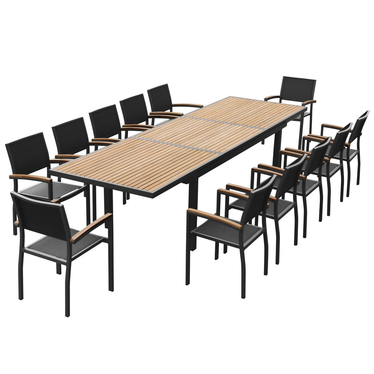 Ensemble de salle à manger d'extérieur Heck 13 pièces en teck FSC et aluminium pour 12 personnes, table extensible et chaises empilables, noir anthracite