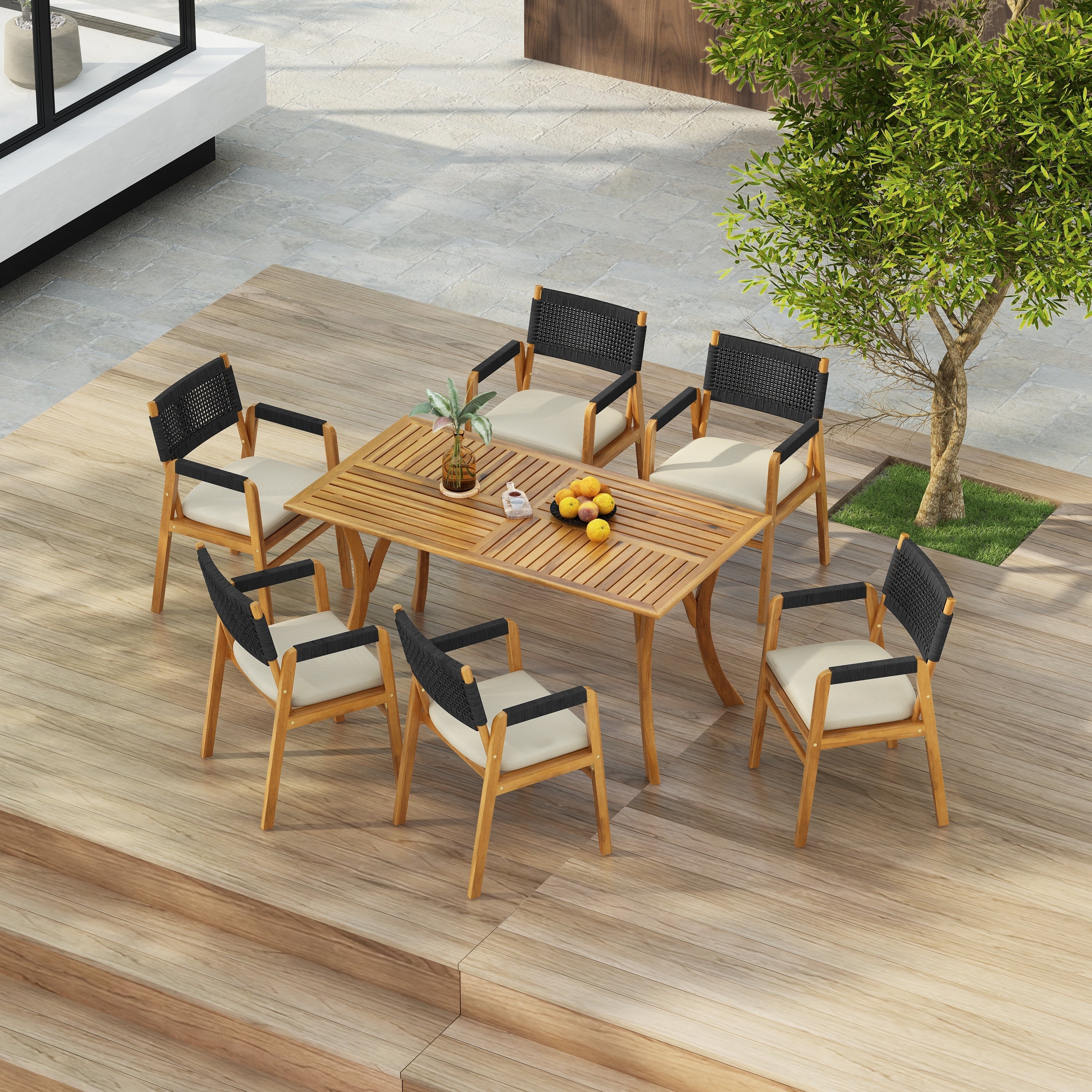 Ensemble de salle à manger d'extérieur Holomn 7 pièces en bois d'acacia avec chaises en corde par Christopher Knight Home