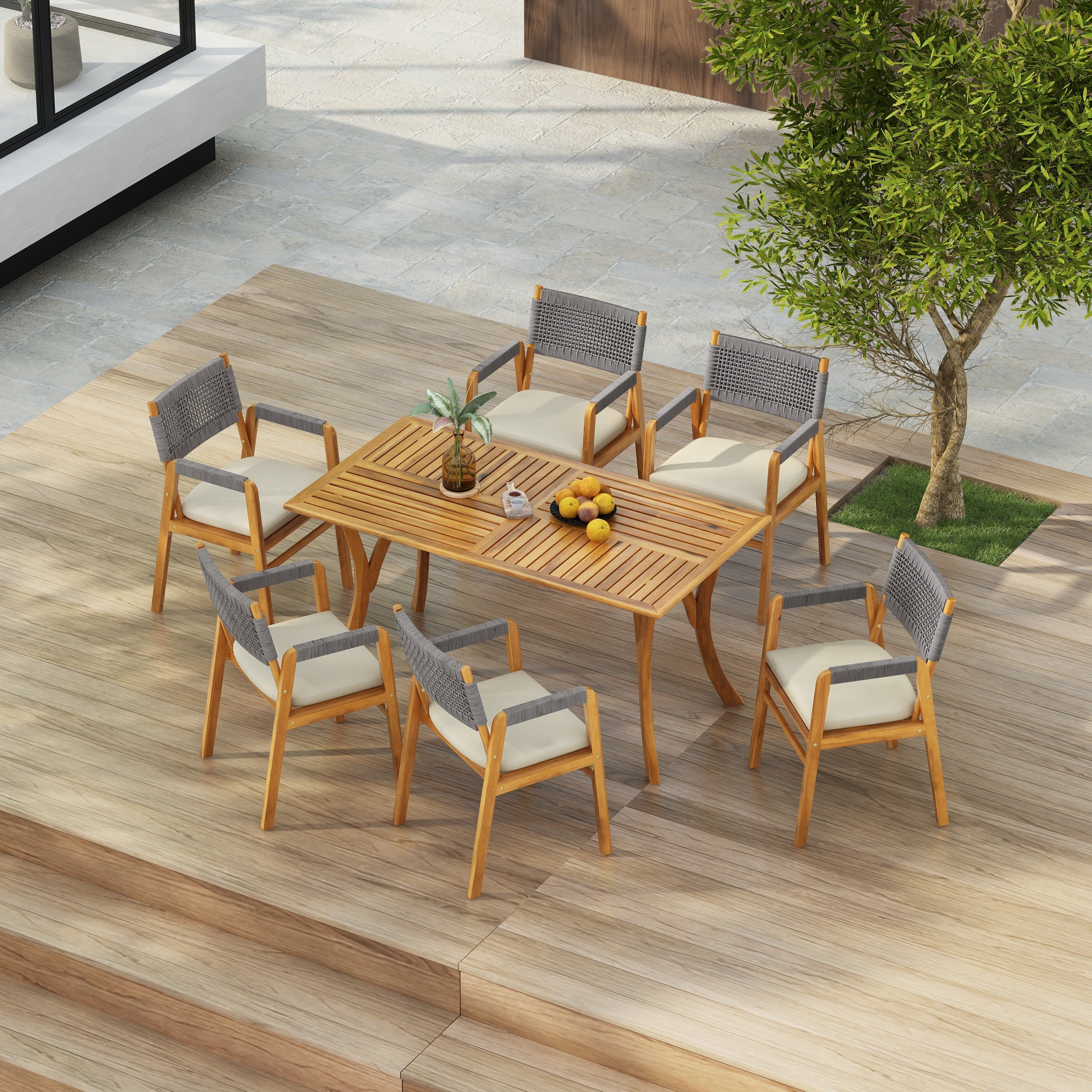 Ensemble de salle à manger d'extérieur Holomn 7 pièces en bois d'acacia avec chaises en corde par Christopher Knight Home