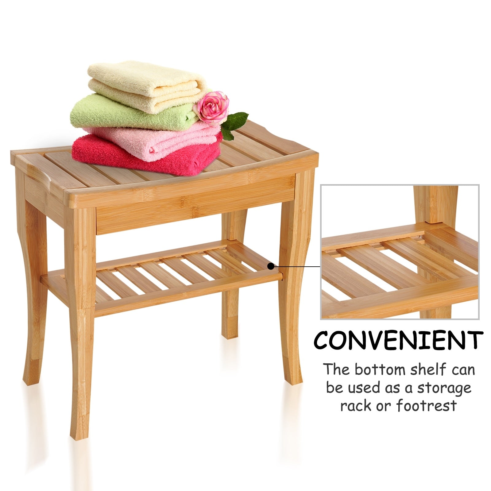 Banc de douche HomCom 20 en bambou avec étagère de rangement inférieure - 10,25 x 19,75 x 17,5