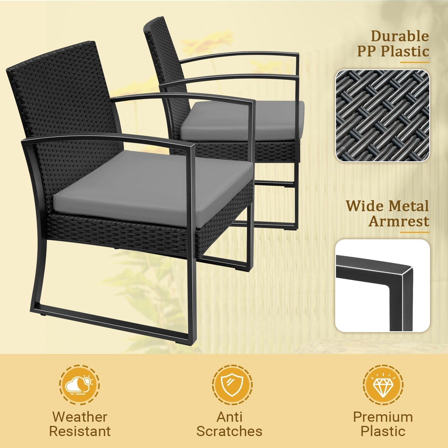Ensemble de bistrot d'extérieur Homall 3 pièces en plastique avec coussin et table