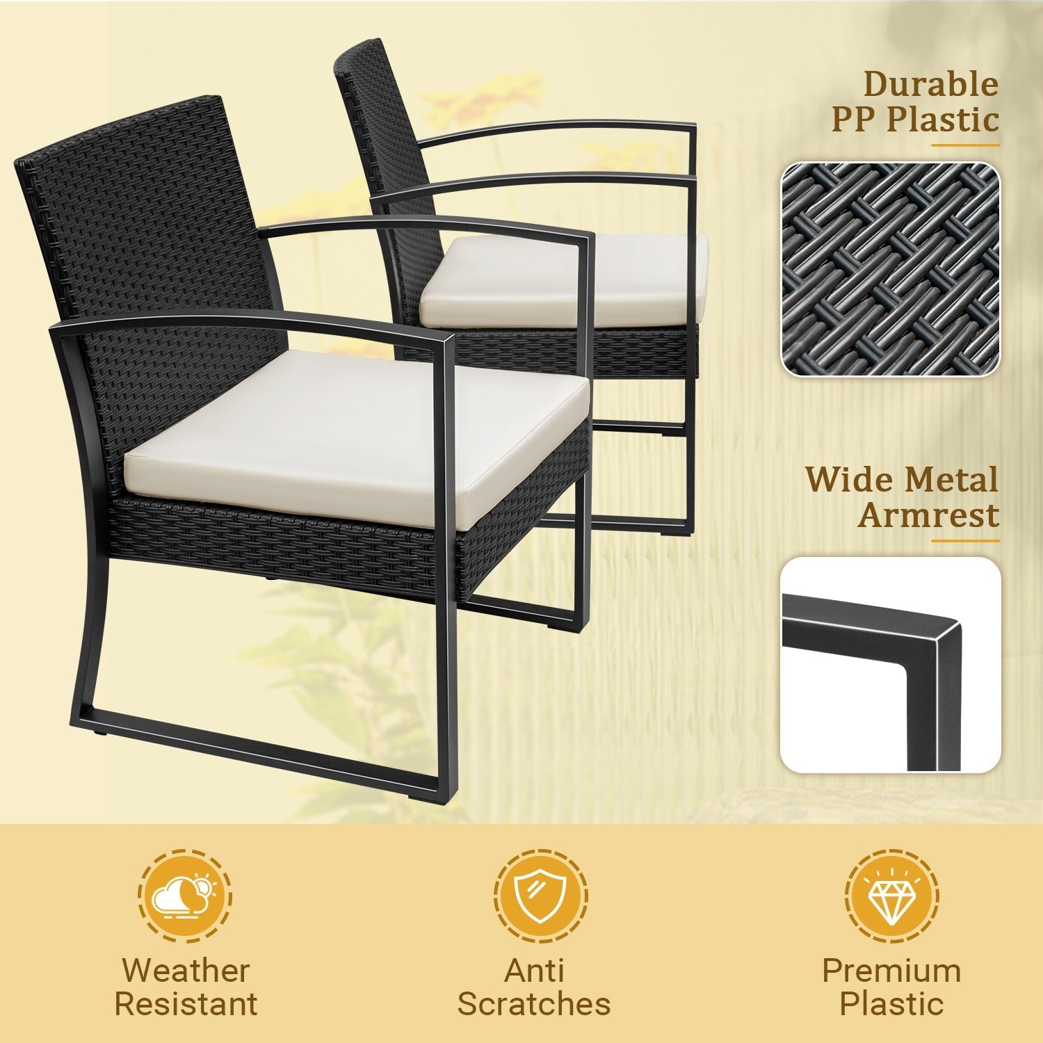 Ensemble de bistrot d'extérieur Homall 3 pièces en plastique avec coussin et table