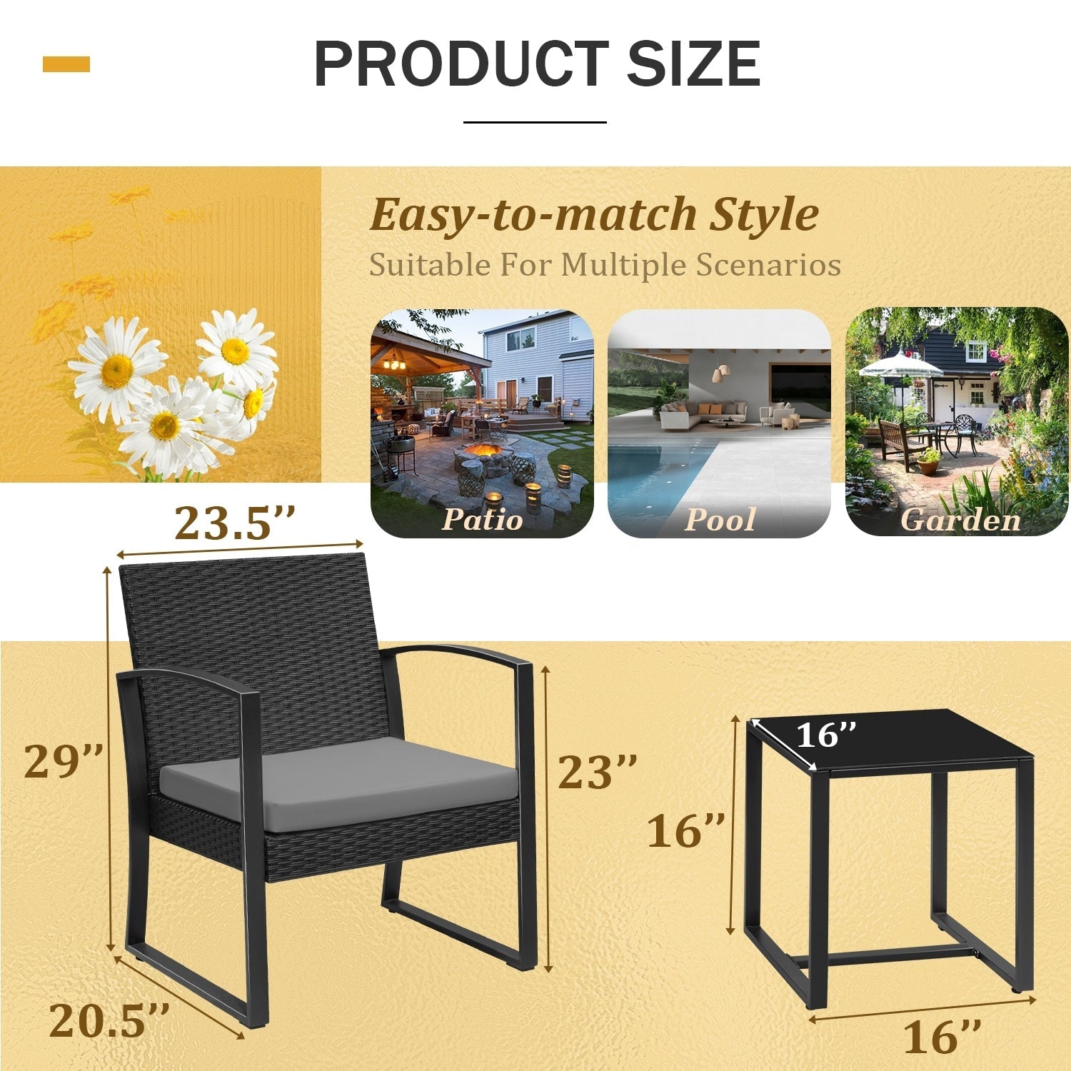 Ensemble de bistrot d'extérieur Homall 3 pièces en plastique avec coussin et table
