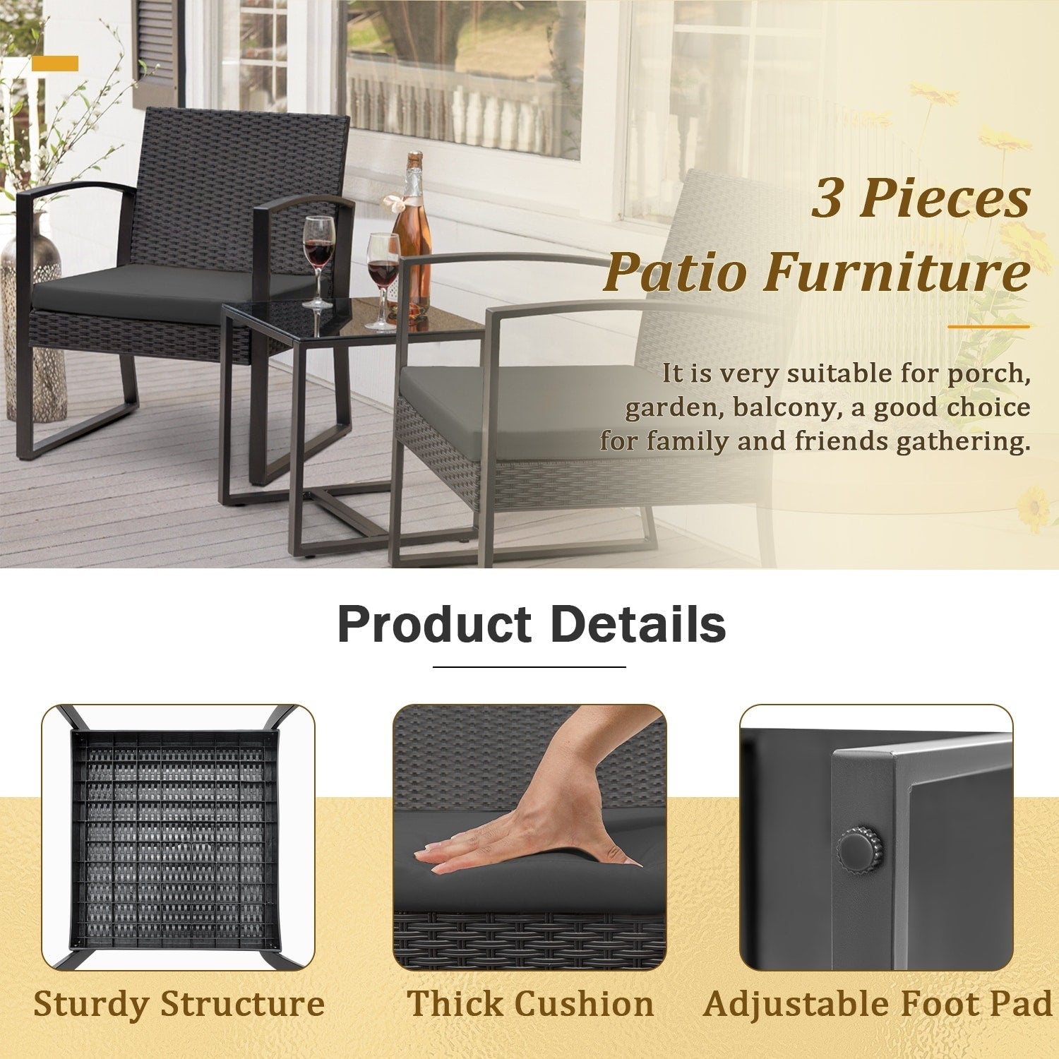 Ensemble de bistrot d'extérieur Homall 3 pièces en plastique avec coussin et table