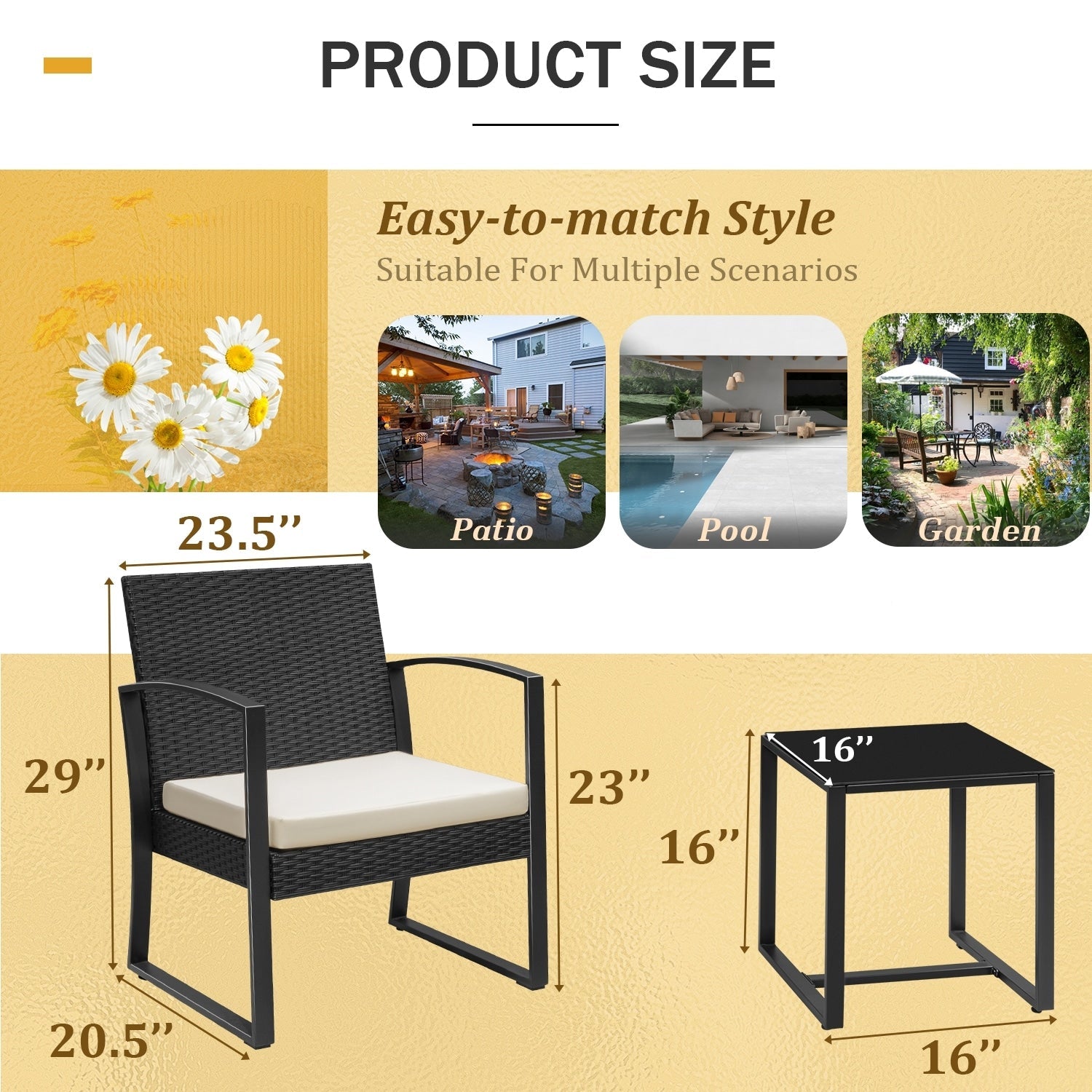 Ensemble de bistrot d'extérieur Homall 3 pièces en plastique avec coussin et table