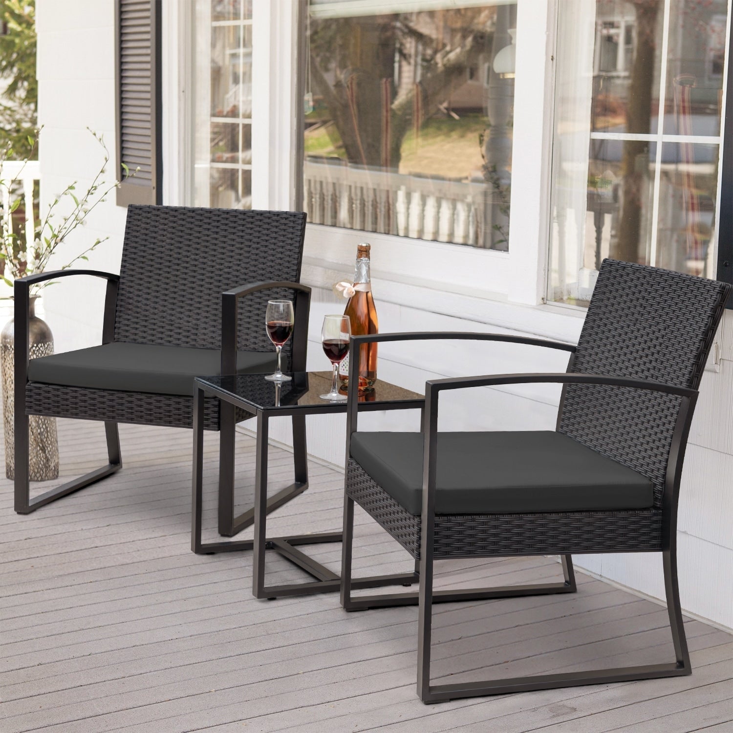 Ensemble de bistrot d'extérieur Homall 3 pièces en plastique avec coussin et table