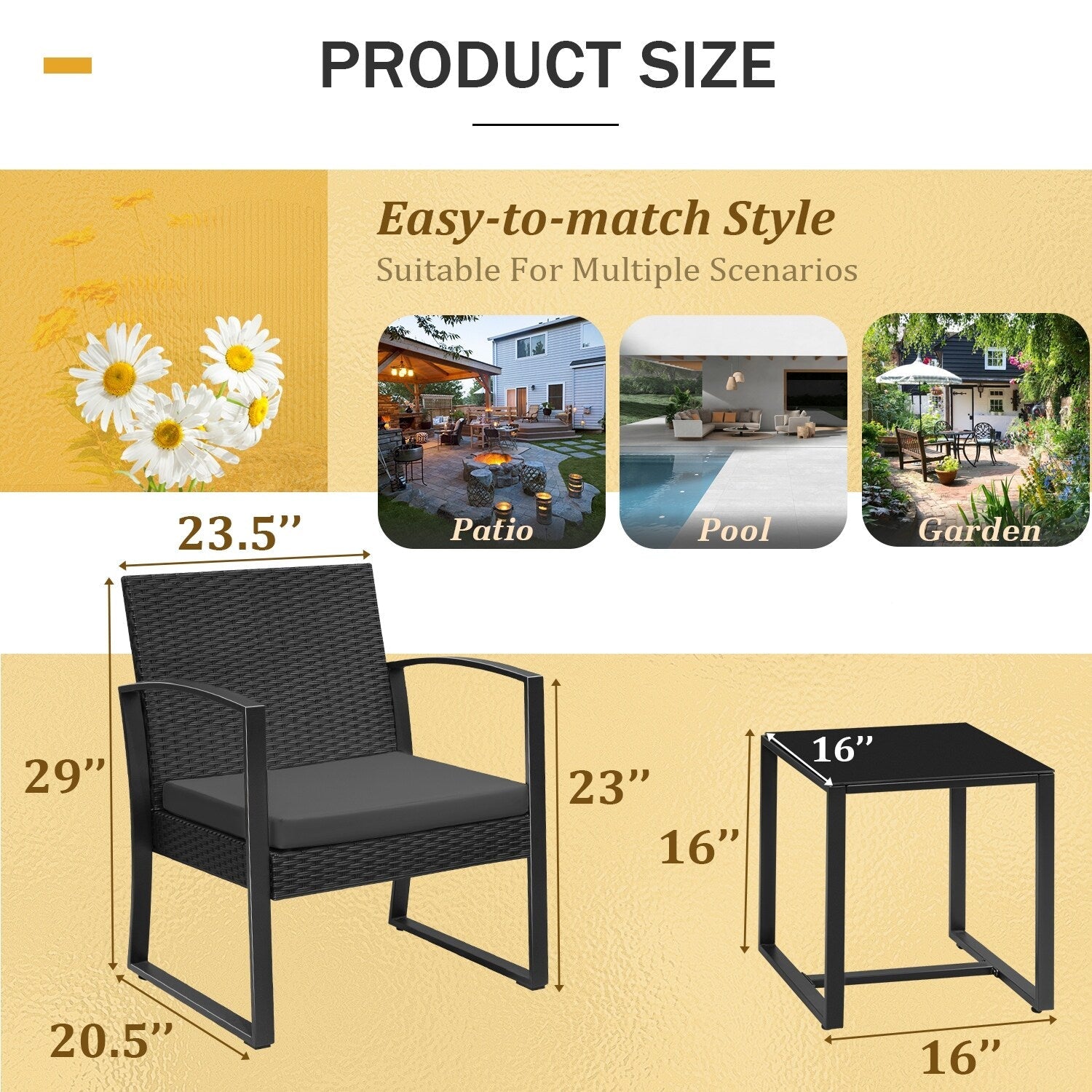 Ensemble de bistrot d'extérieur Homall 3 pièces en plastique avec coussin et table