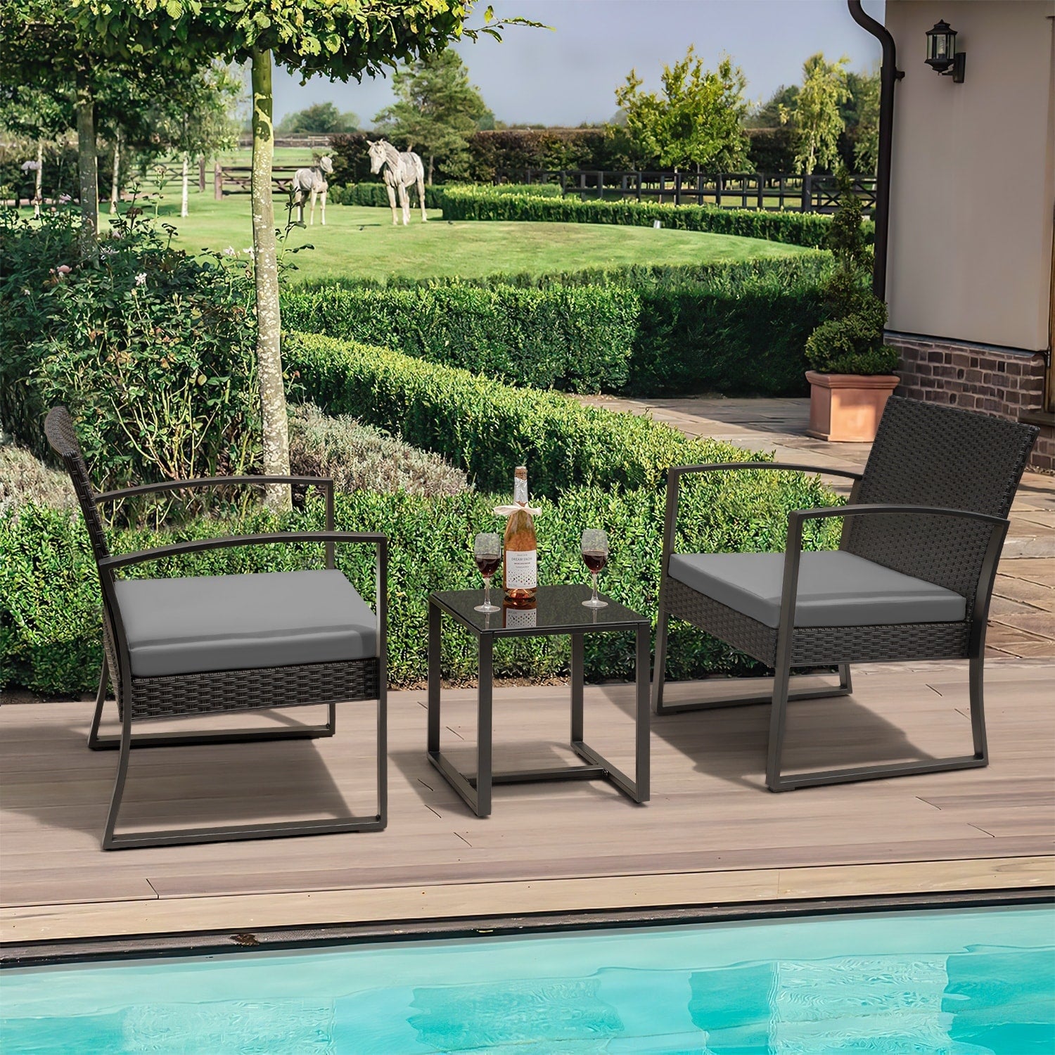Ensemble de bistrot d'extérieur Homall 3 pièces en plastique avec coussin et table