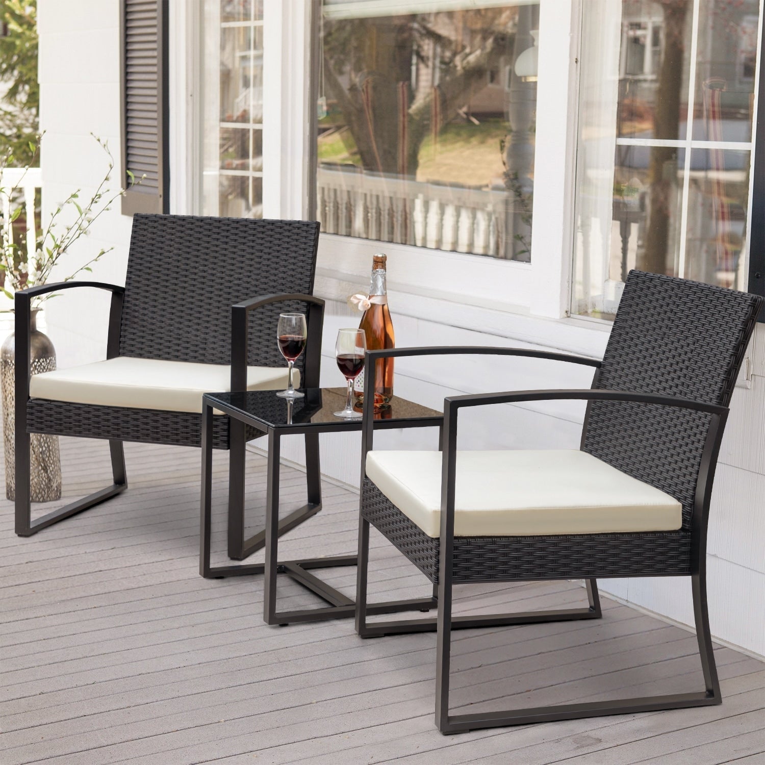 Ensemble de bistrot d'extérieur Homall 3 pièces en plastique avec coussin et table