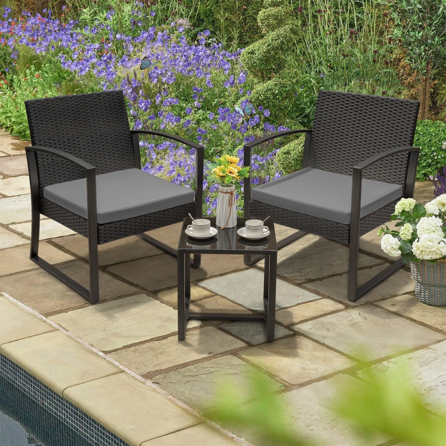 Ensemble de bistrot d'extérieur Homall 3 pièces en plastique avec coussin et table