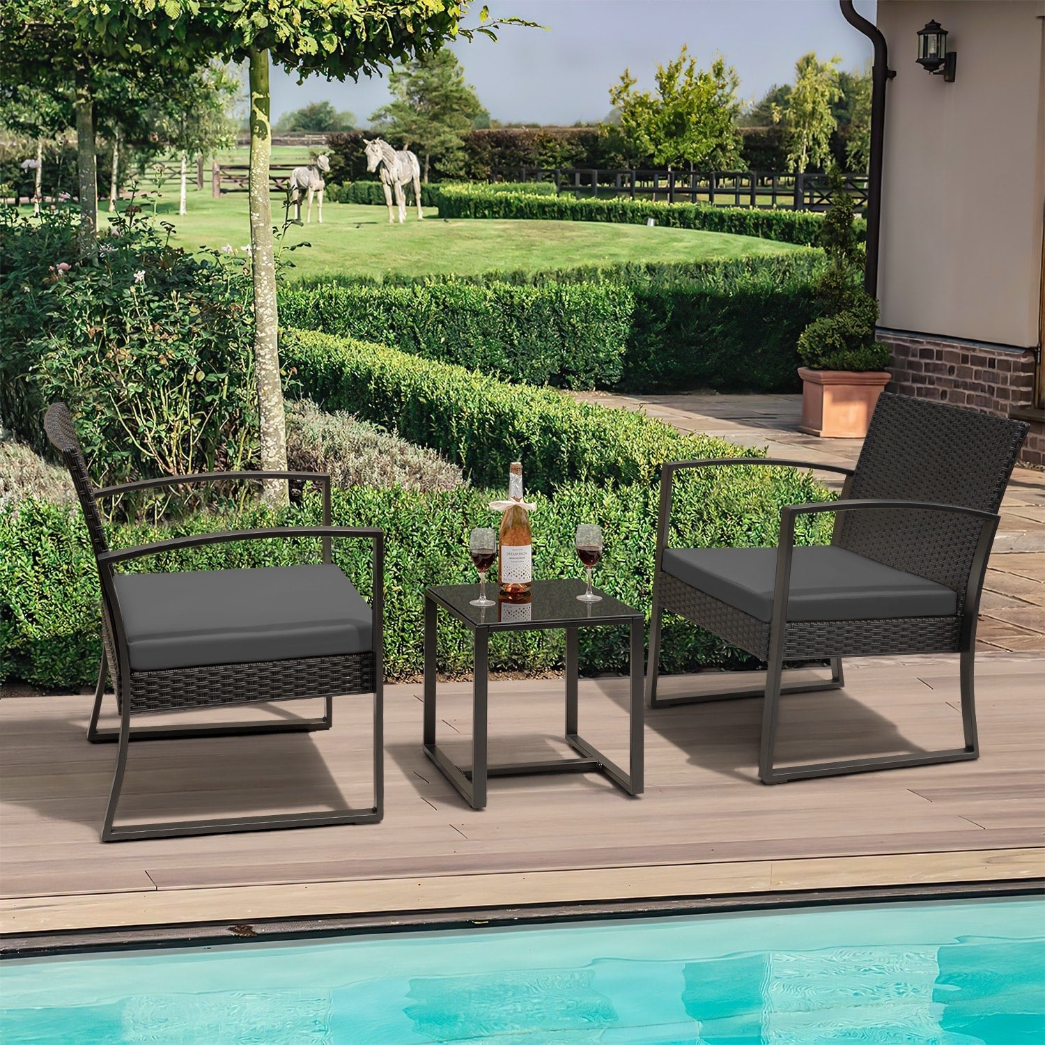 Ensemble de bistrot d'extérieur Homall 3 pièces en plastique avec coussin et table
