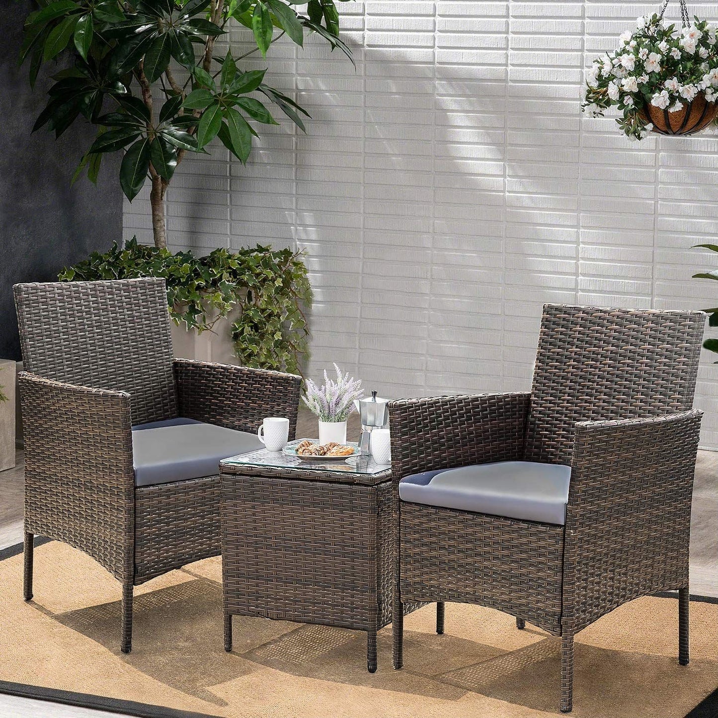 Ensemble de meubles de jardin Homall 3 pièces, chaises en rotin synthétique avec table