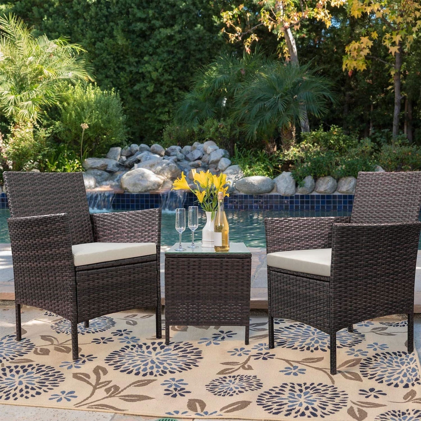 Ensemble de meubles de jardin Homall 3 pièces, chaises en rotin synthétique avec table
