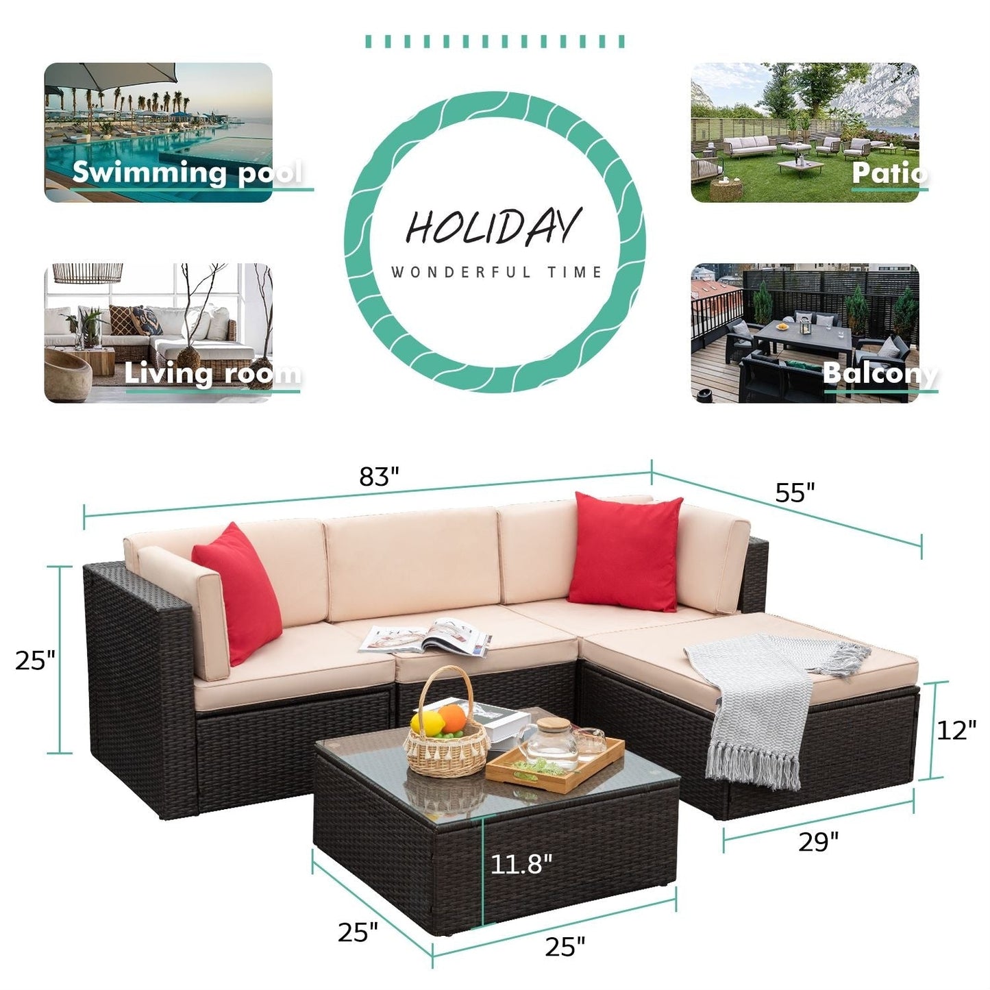 Ensemble de meubles de jardin Homall 5 pièces en osier et canapé d'extérieur en rotin