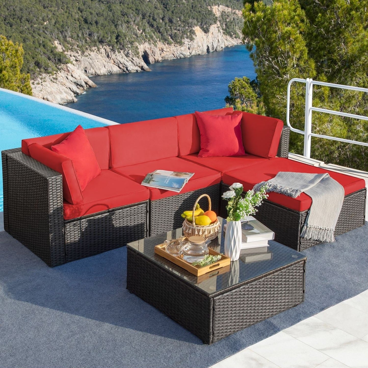 Ensemble de meubles de jardin Homall 5 pièces en osier et canapé d'extérieur en rotin