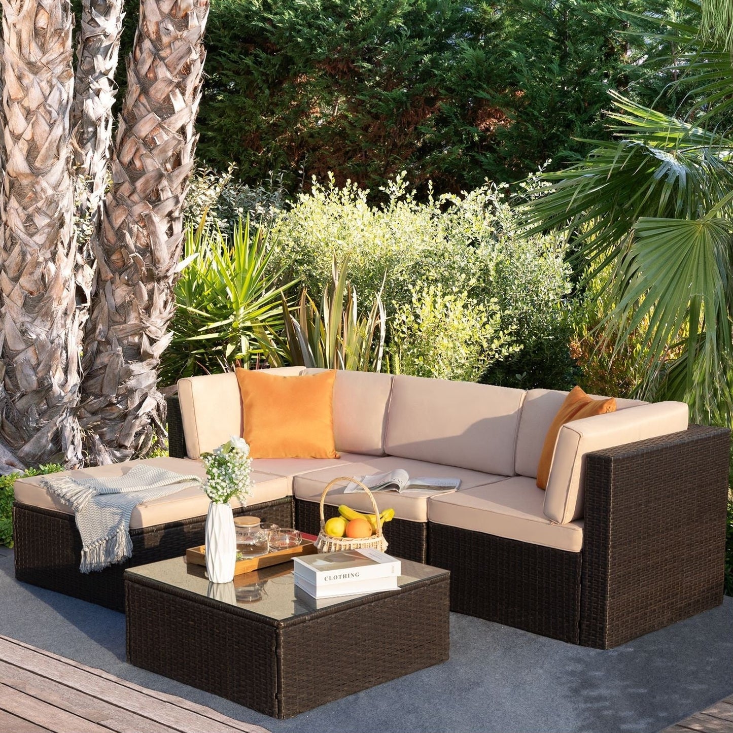 Ensemble de meubles de jardin Homall 5 pièces en osier et canapé d'extérieur en rotin