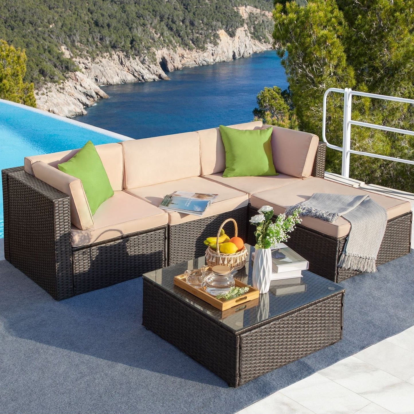 Ensemble de meubles de jardin Homall 5 pièces en osier et canapé d'extérieur en rotin