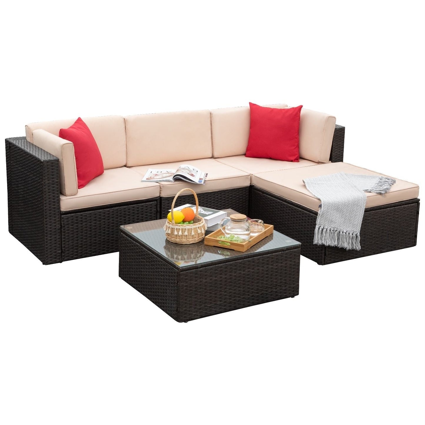 Ensemble de meubles de jardin Homall 5 pièces en osier et canapé d'extérieur en rotin