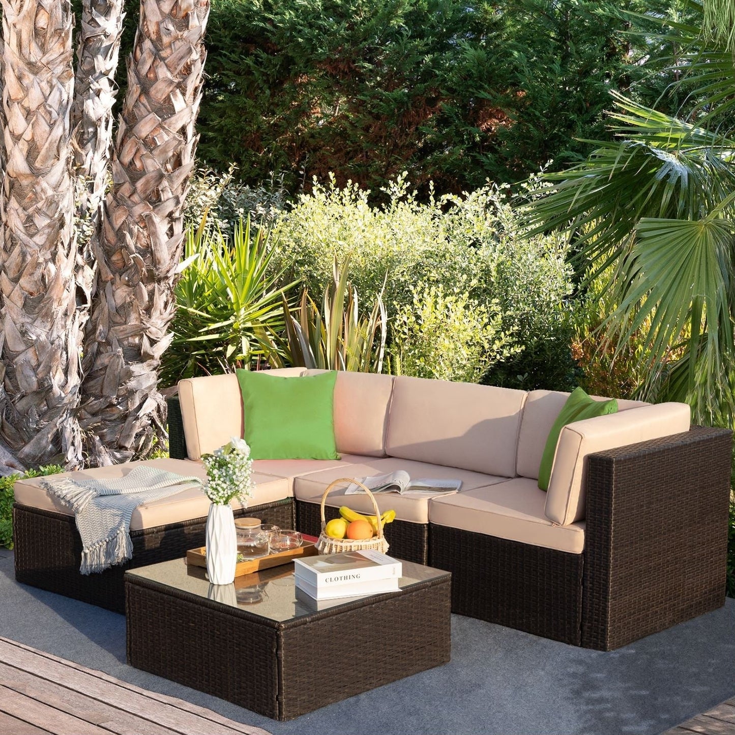 Ensemble de meubles de jardin Homall 5 pièces en osier et canapé d'extérieur en rotin