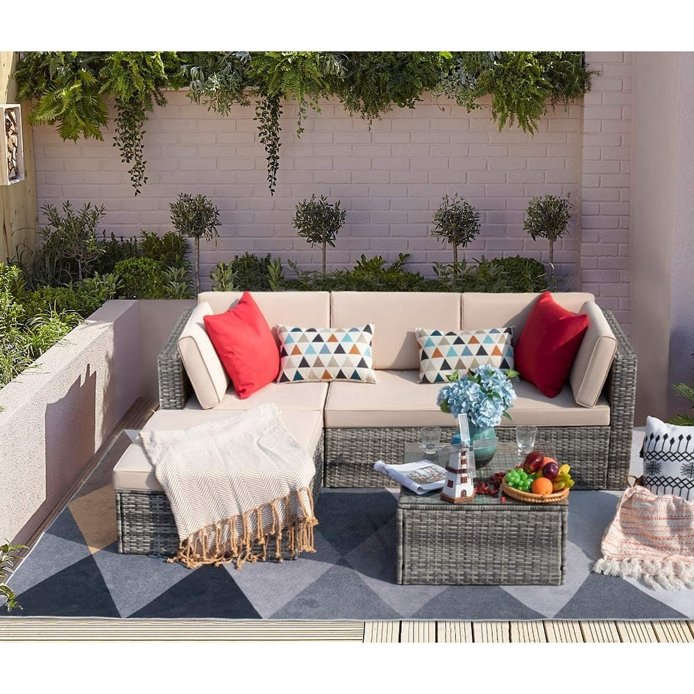 Ensemble de meubles de jardin Homall 5 pièces en osier et canapé d'extérieur en rotin