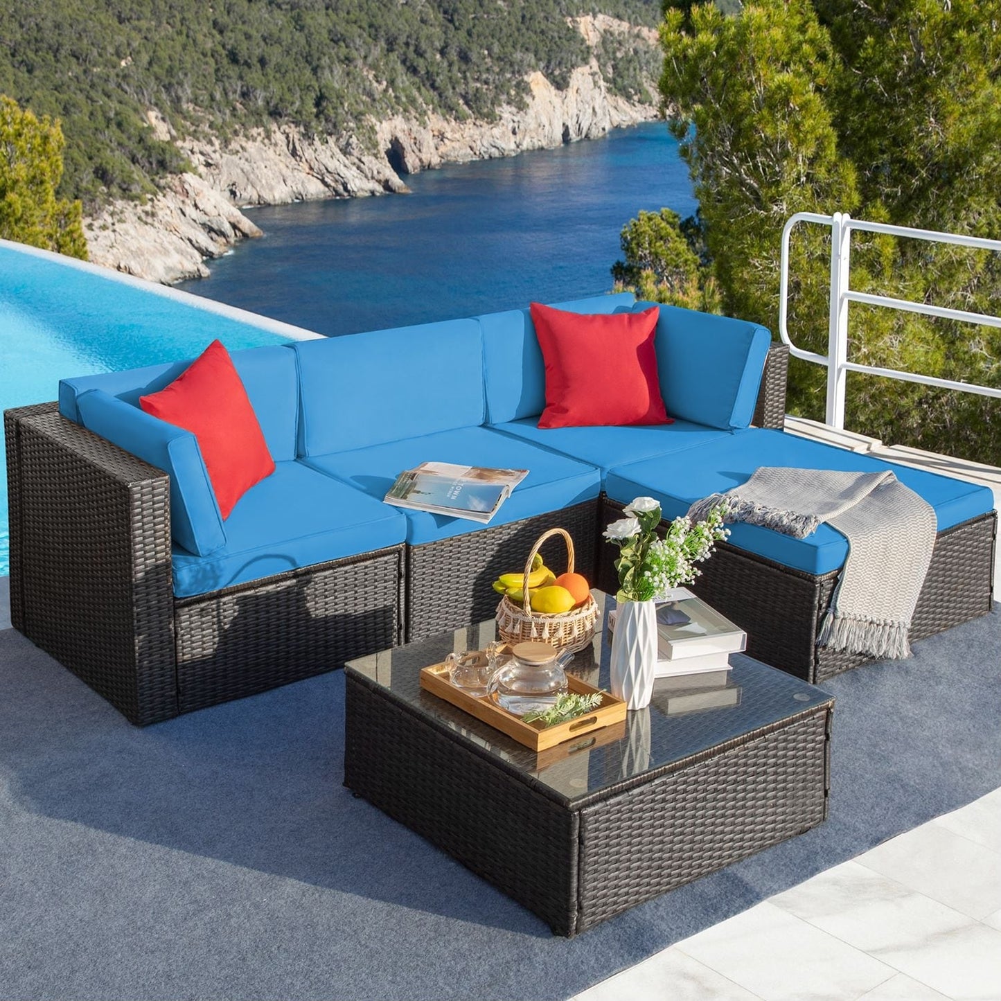 Ensemble de meubles de jardin Homall 5 pièces en osier et canapé d'extérieur en rotin