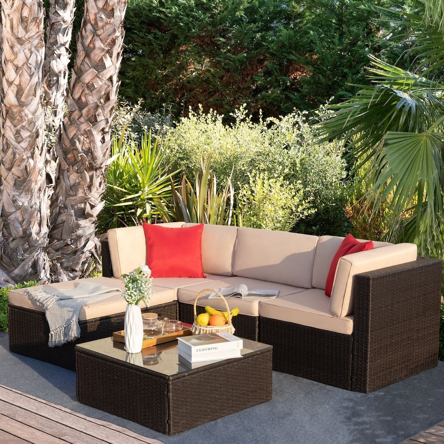 Ensemble de meubles de jardin Homall 5 pièces en osier et canapé d'extérieur en rotin