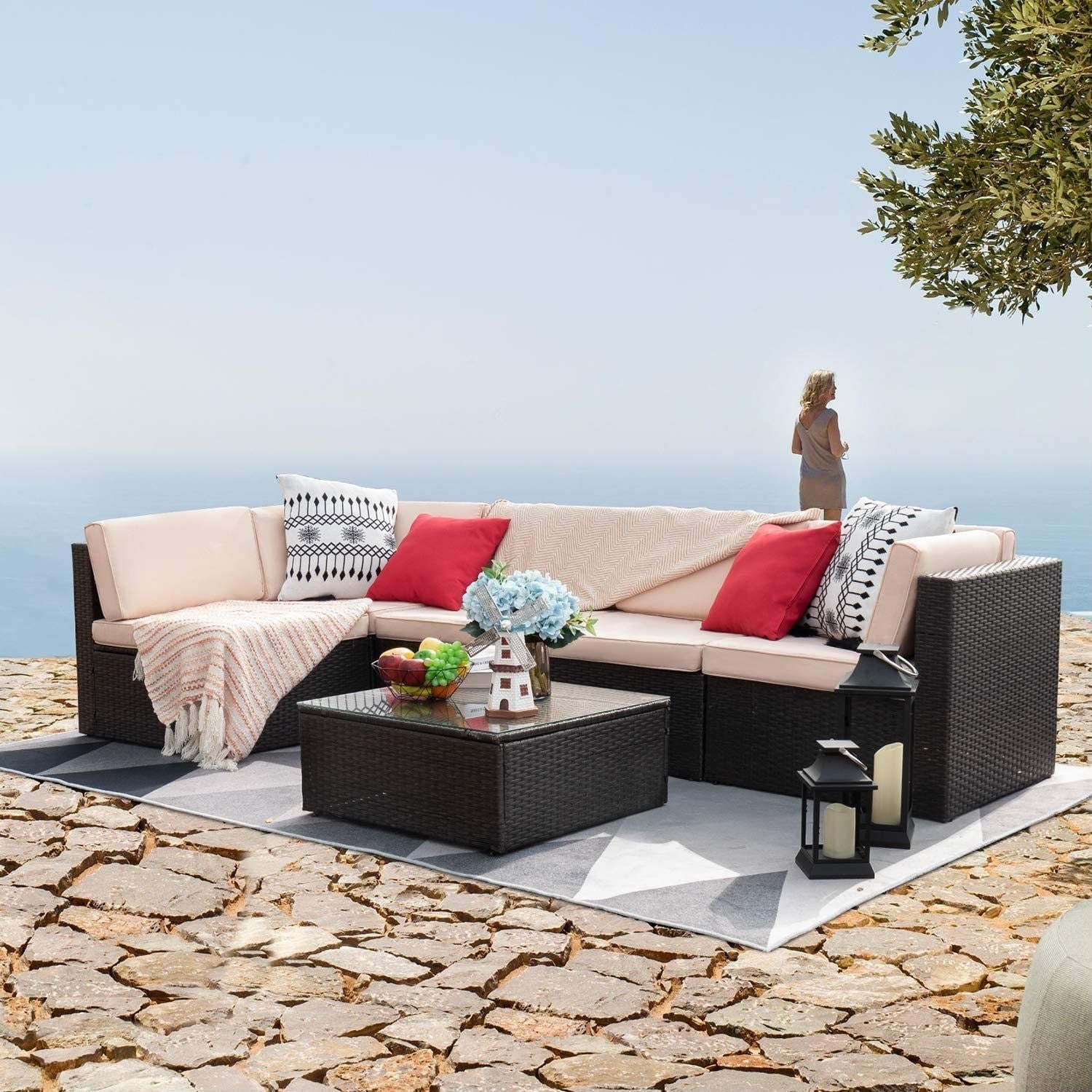 Ensemble de meubles de patio Homall 6 pièces, canapé d'extérieur sectionnel en rotin, tissage manuel, ensemble de conversation pour patio en osier