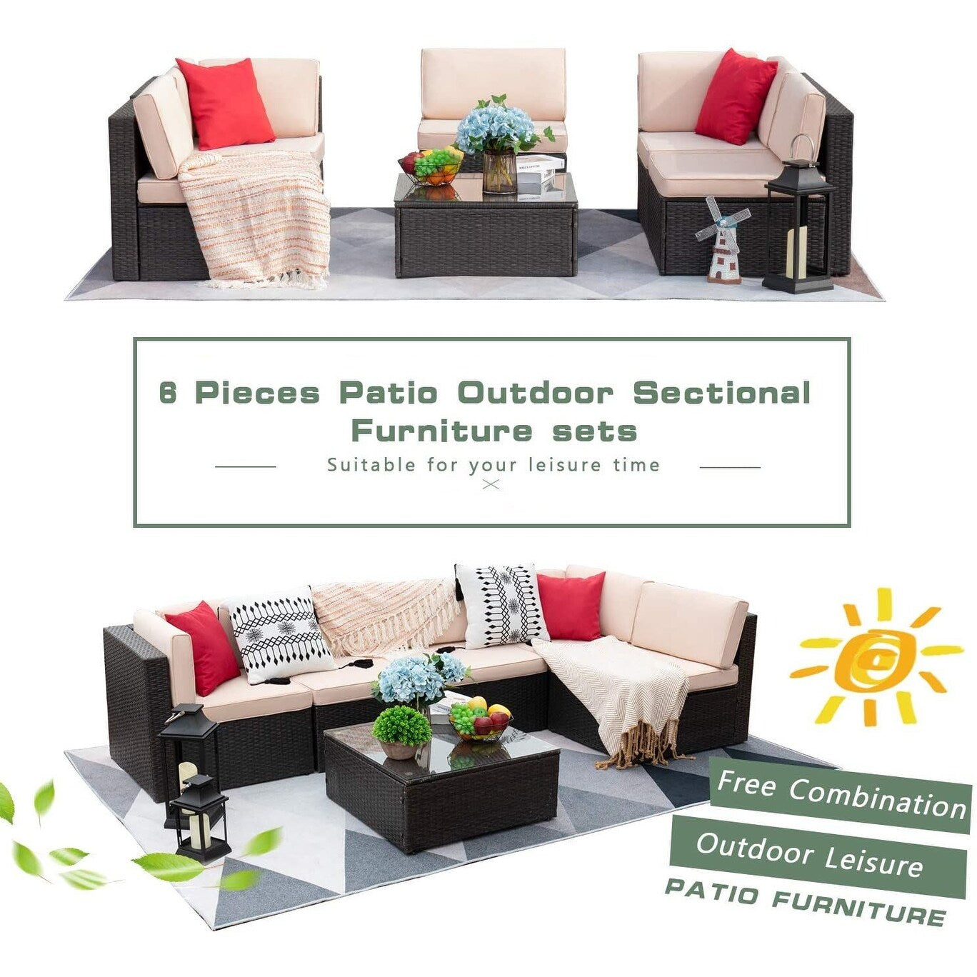 Ensemble de meubles de patio Homall 6 pièces, canapé d'extérieur sectionnel en rotin, tissage manuel, ensemble de conversation pour patio en osier