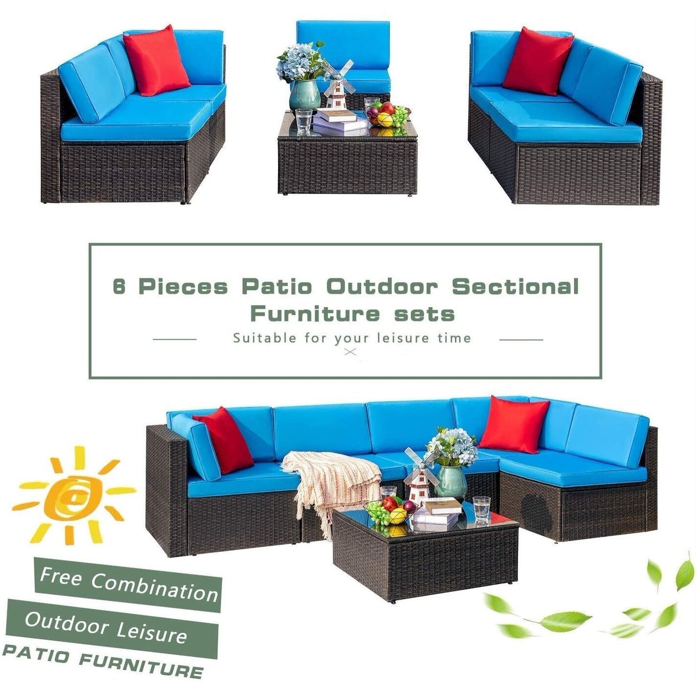 Ensemble de meubles de patio Homall 6 pièces, canapé d'extérieur sectionnel en rotin, tissage manuel, ensemble de conversation pour patio en osier