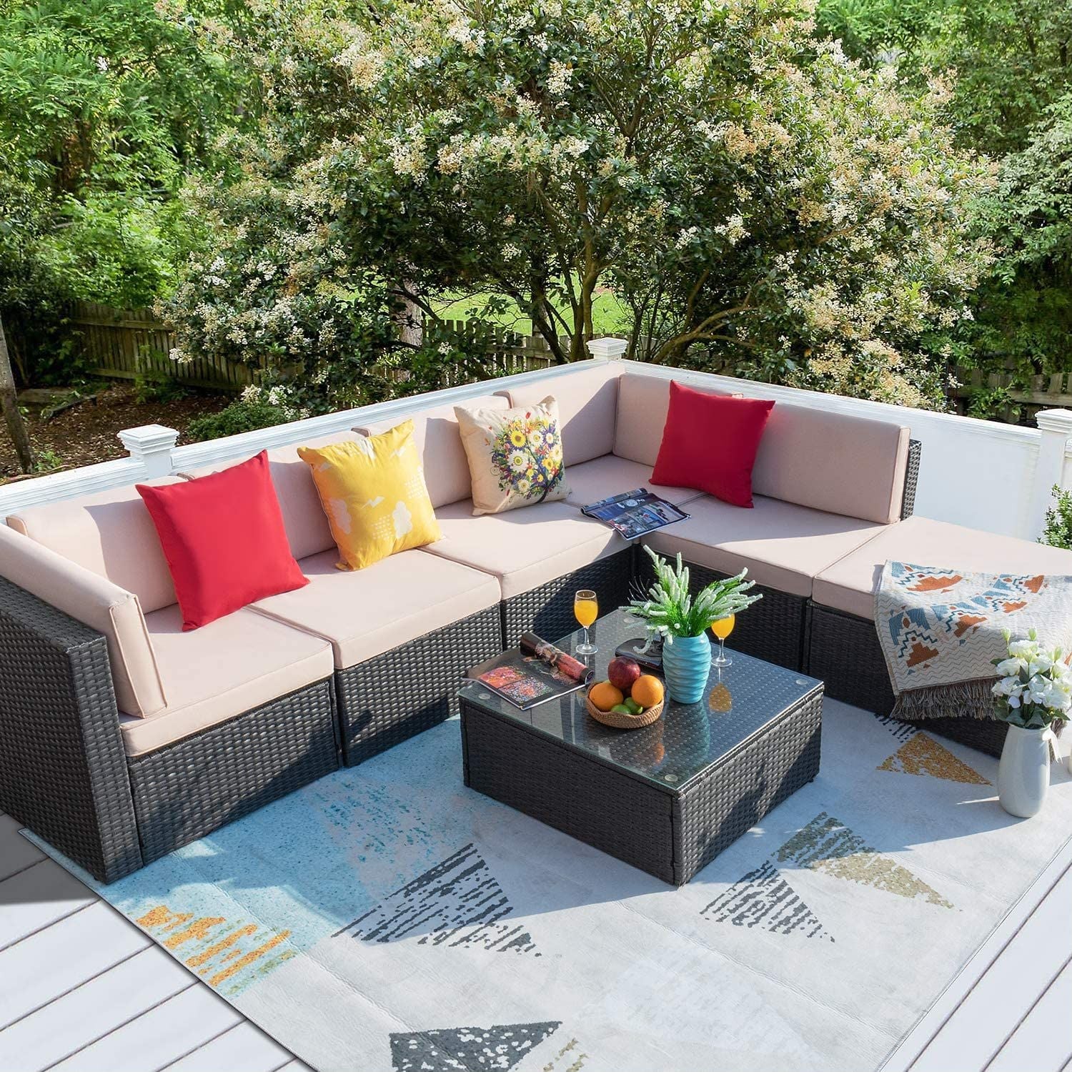 Ensemble de meubles de jardin Homall 7 pièces, ensemble de canapés modulaires modernes en rotin PE résistant aux intempéries, ensemble de conversation extérieur