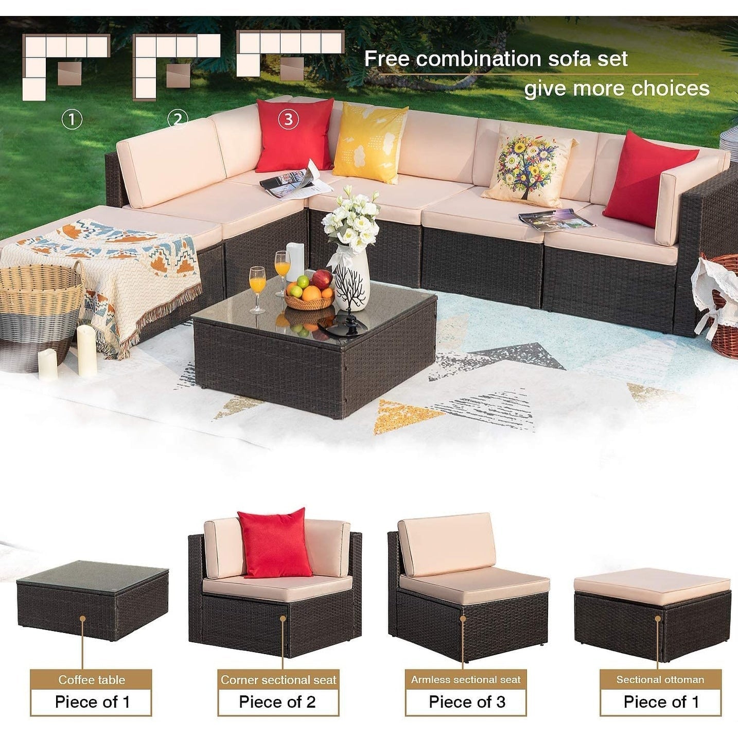 Ensemble de meubles de jardin Homall 7 pièces, ensemble de canapés modulaires modernes en rotin PE résistant aux intempéries, ensemble de conversation extérieur