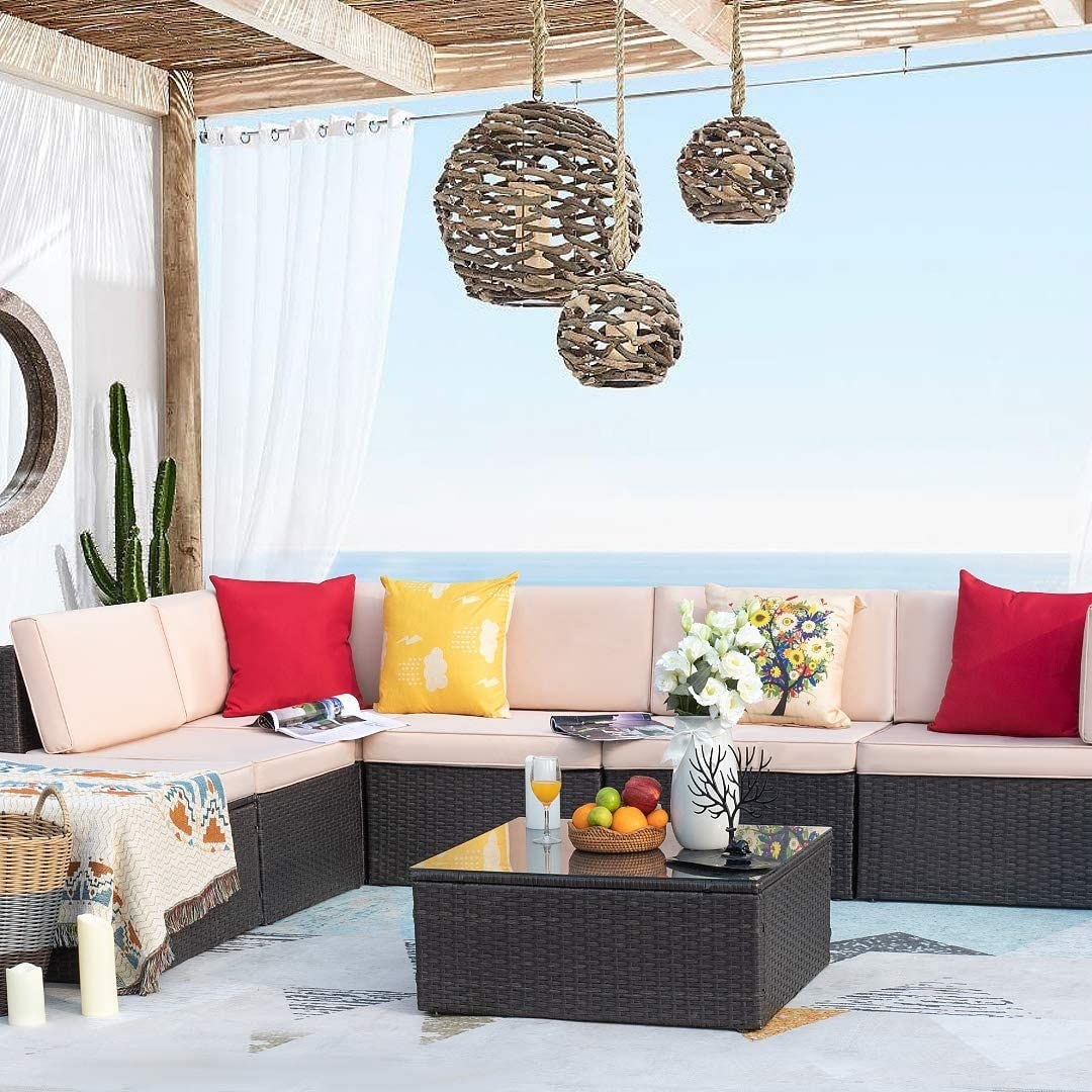 Ensemble de meubles de jardin Homall 7 pièces, ensemble de canapés modulaires modernes en rotin PE résistant aux intempéries, ensemble de conversation extérieur