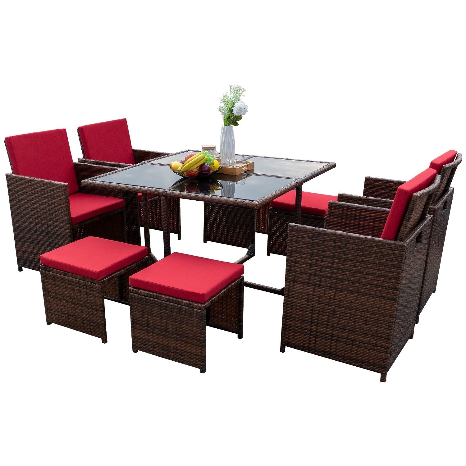 Ensemble de salle à manger de patio Homall 9 pièces, chaises en rotin peu encombrantes avec table en verre, ensemble de conversation sectionnel avec coussins