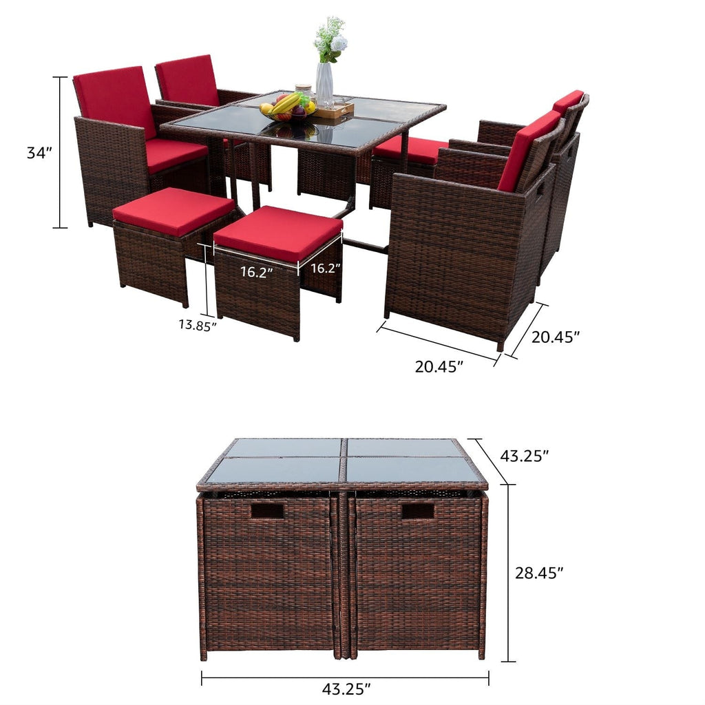 Ensemble de salle à manger de patio Homall 9 pièces, chaises en rotin peu encombrantes avec table en verre, ensemble de conversation sectionnel avec coussins
