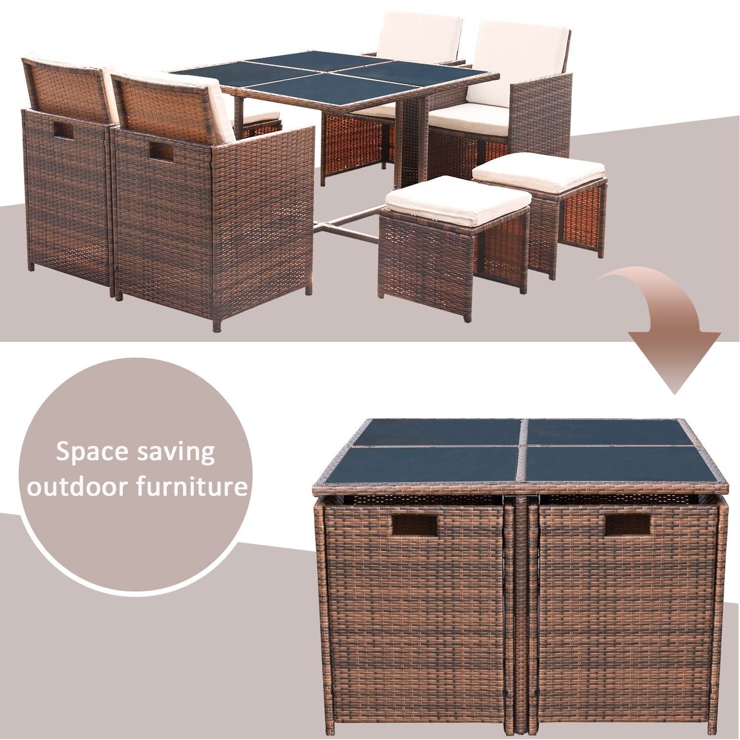 Ensemble de salle à manger de patio Homall 9 pièces, chaises en rotin peu encombrantes avec table en verre, ensemble de conversation sectionnel avec coussins