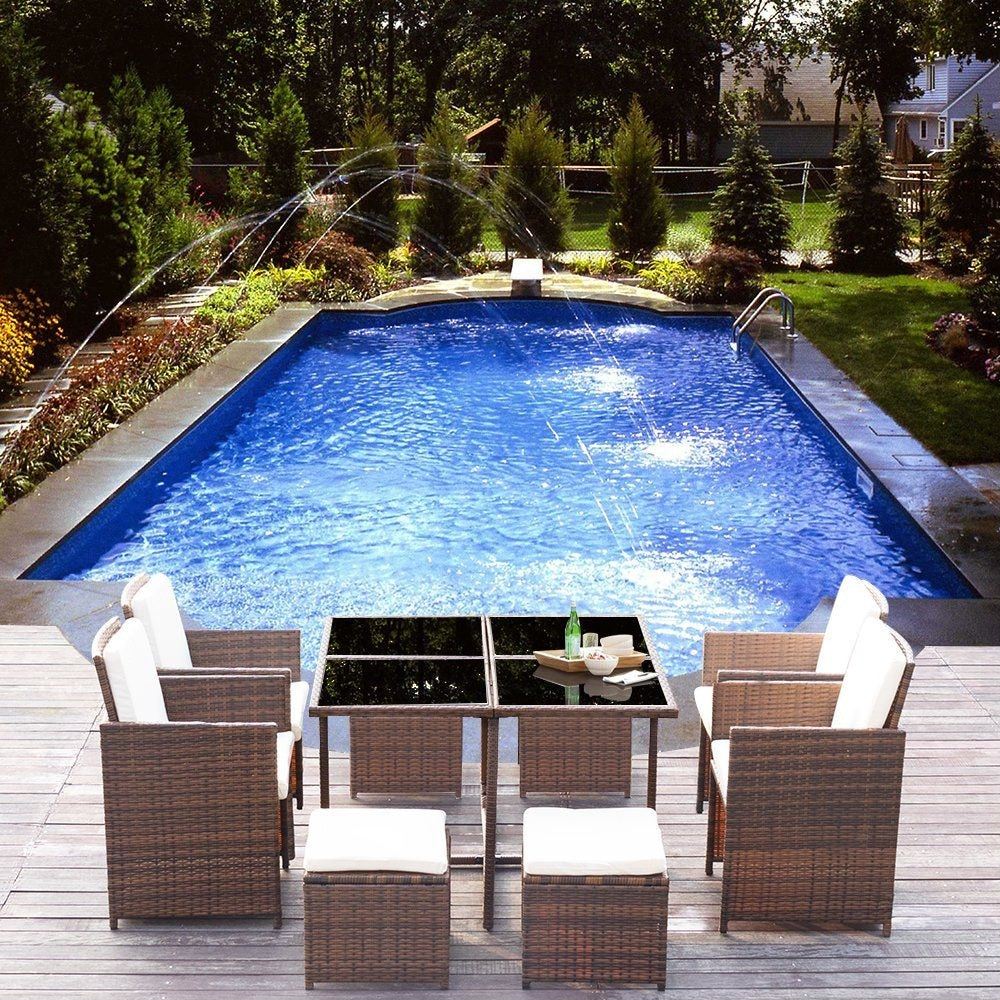 Ensemble de salle à manger de patio Homall 9 pièces, chaises en rotin peu encombrantes avec table en verre, ensemble de conversation sectionnel avec coussins