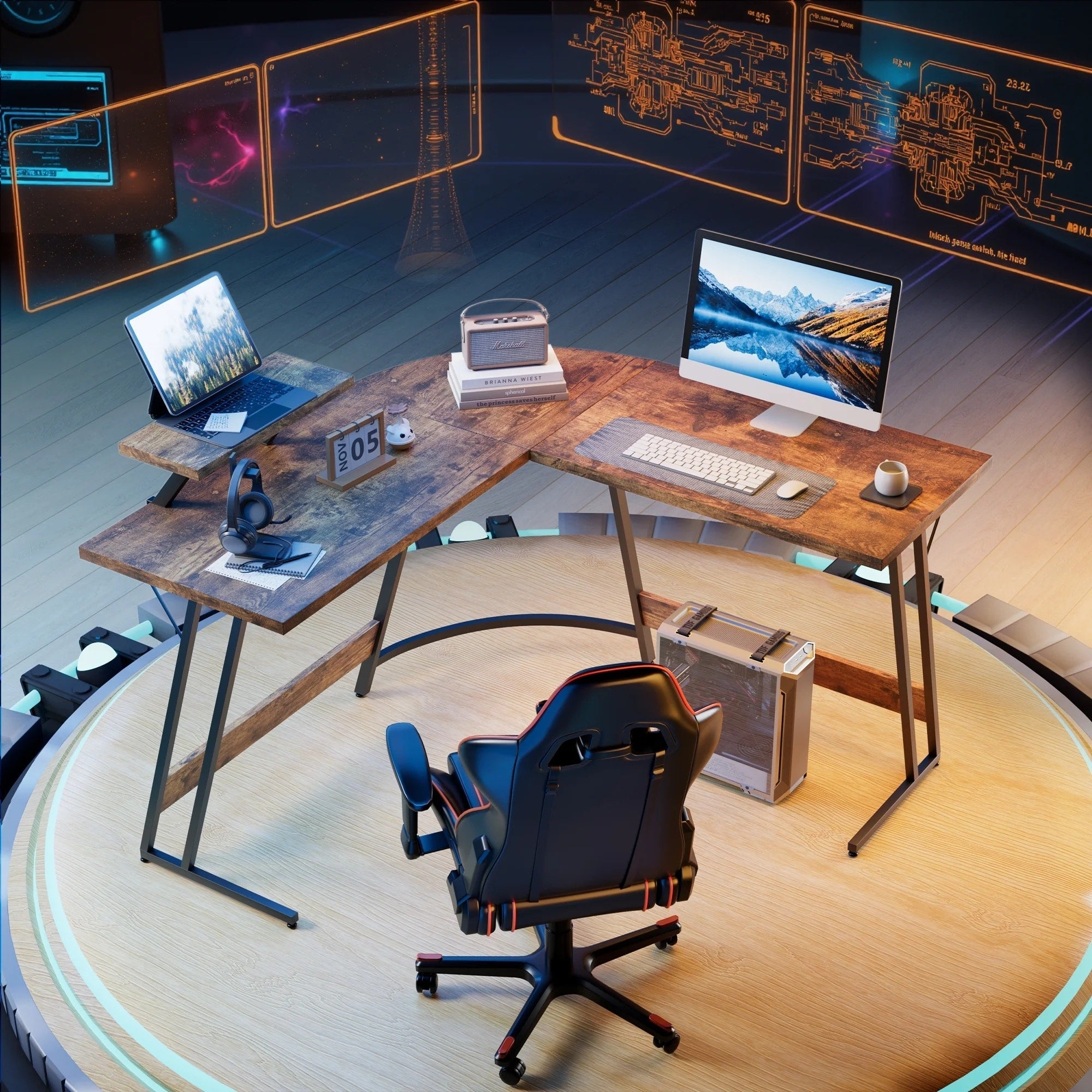Bureau de jeu en L Homall, bureau d'angle pour ordinateur, bureau d'écriture