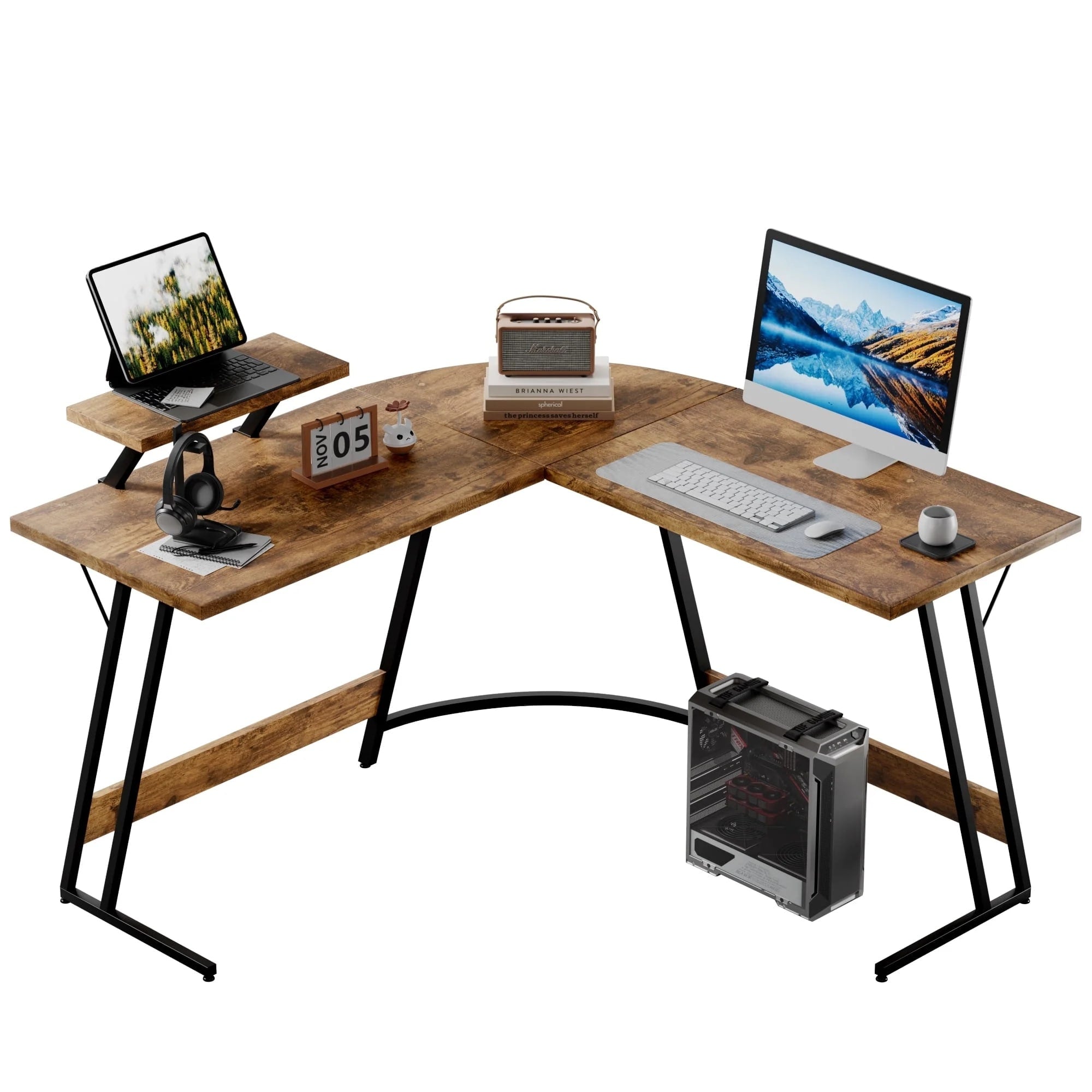 Bureau de jeu en L Homall, bureau d'angle pour ordinateur, bureau d'écriture