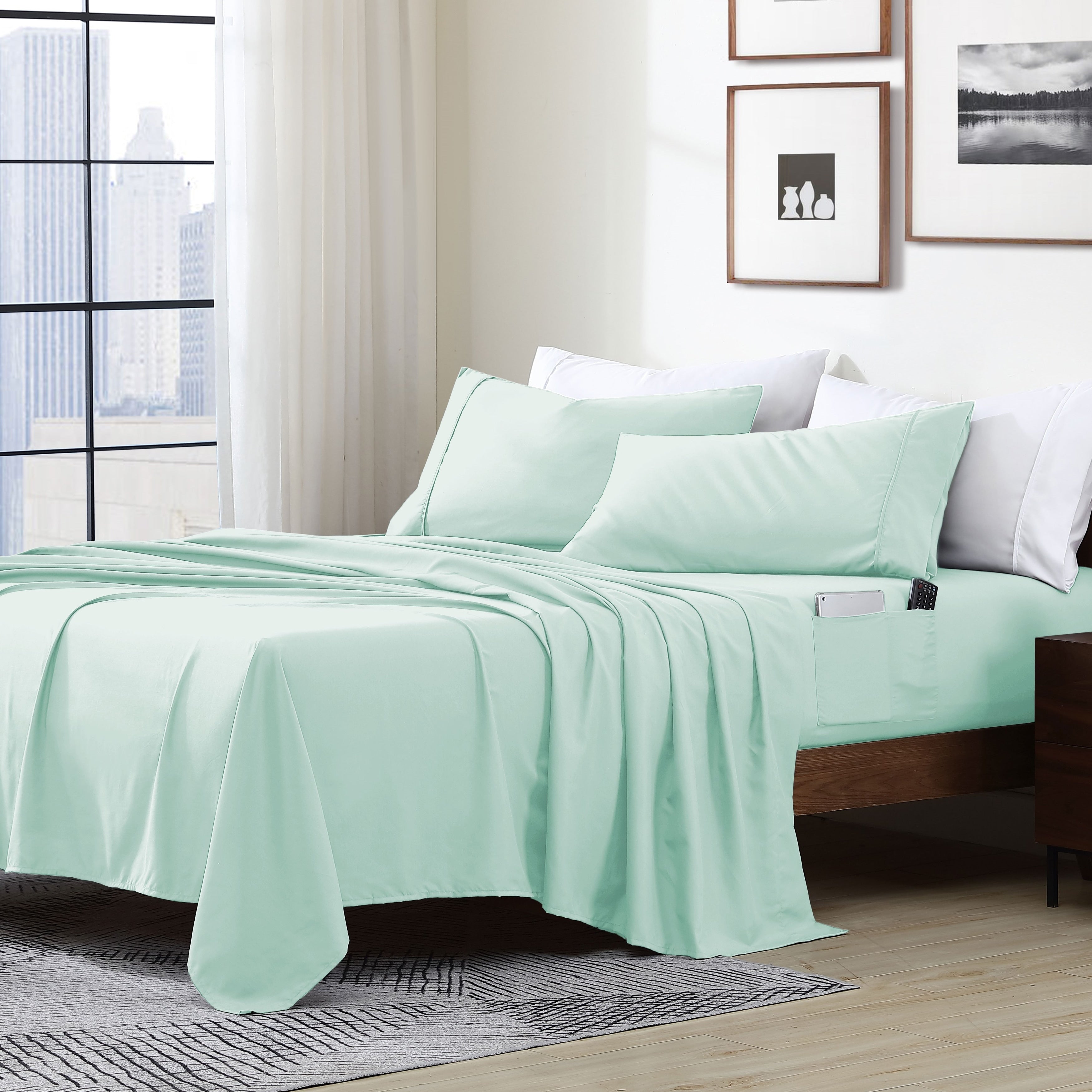 Parure de lit avec pochette de rangement en microfibre douce et essentielle pour draps intelligents