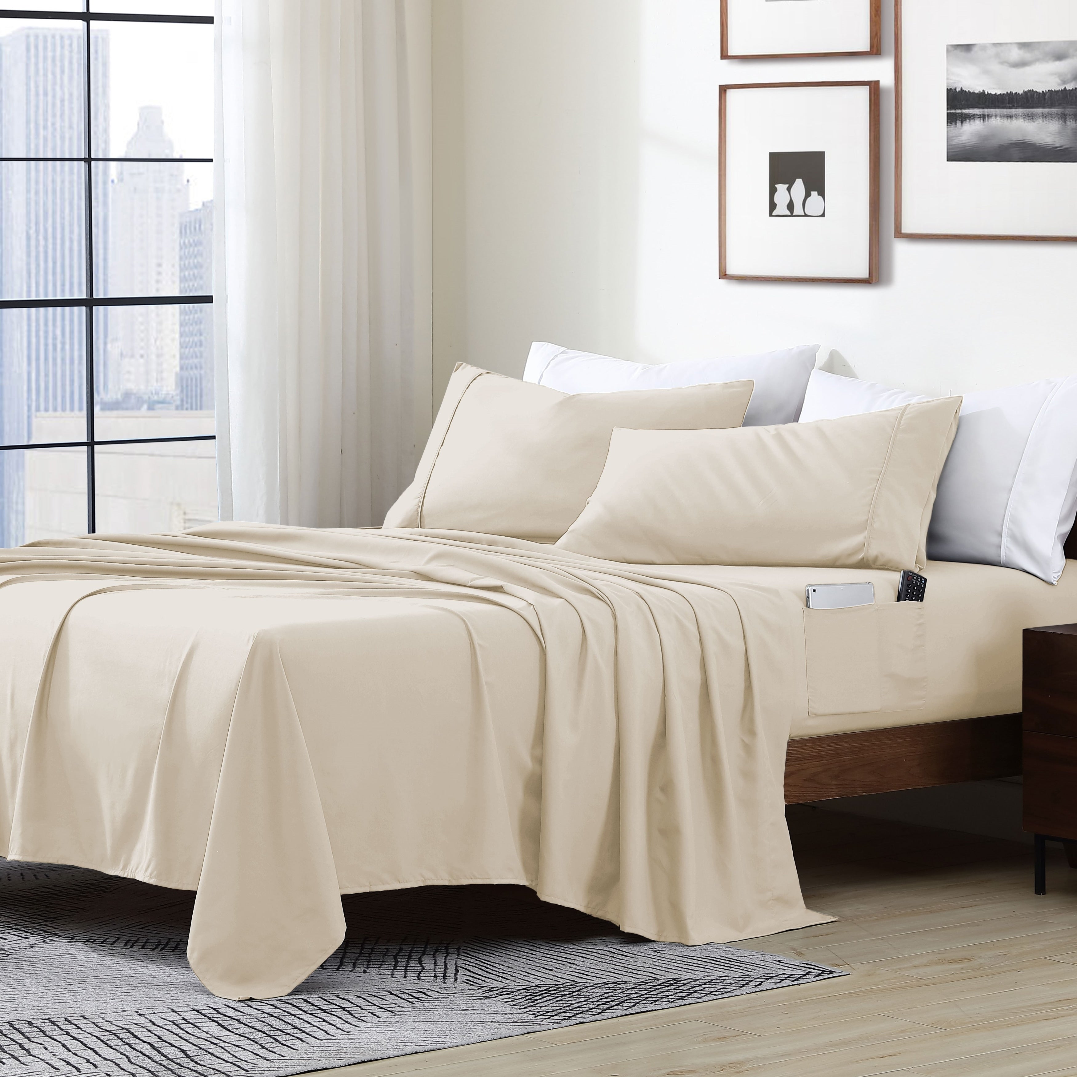 Parure de lit avec pochette de rangement en microfibre douce et essentielle pour draps intelligents