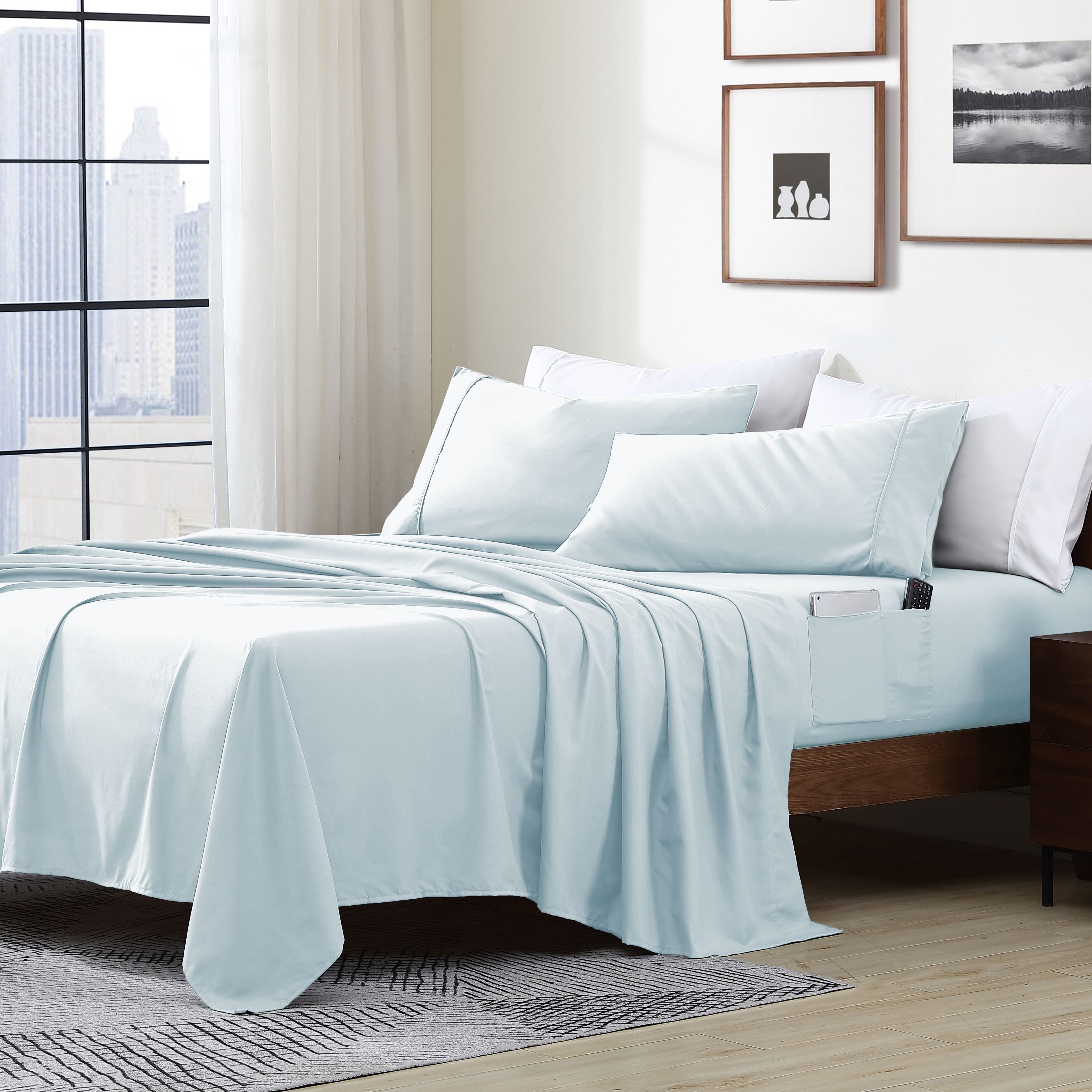 Parure de lit avec pochette de rangement en microfibre douce et essentielle pour draps intelligents