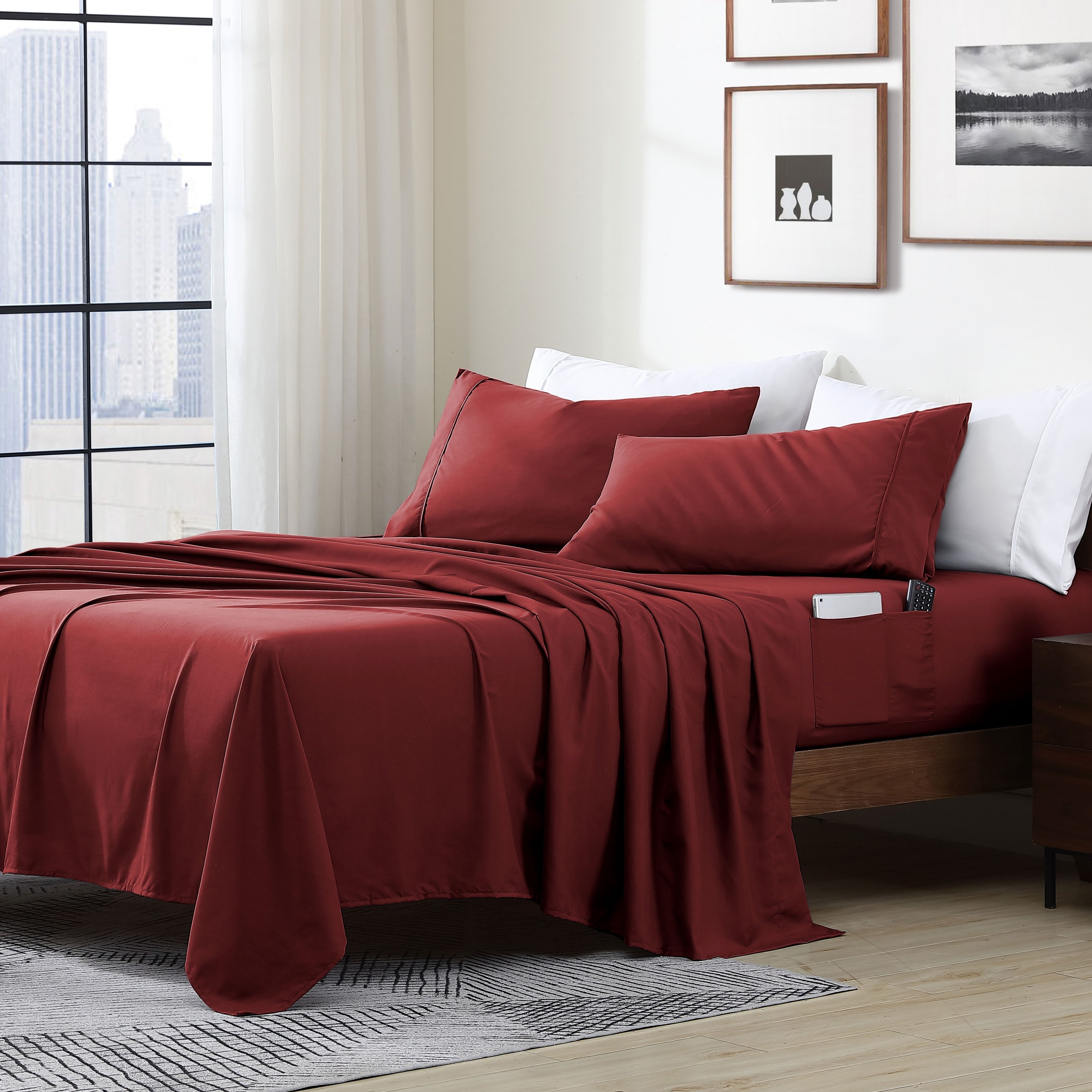 Parure de lit avec pochette de rangement en microfibre douce et essentielle pour draps intelligents