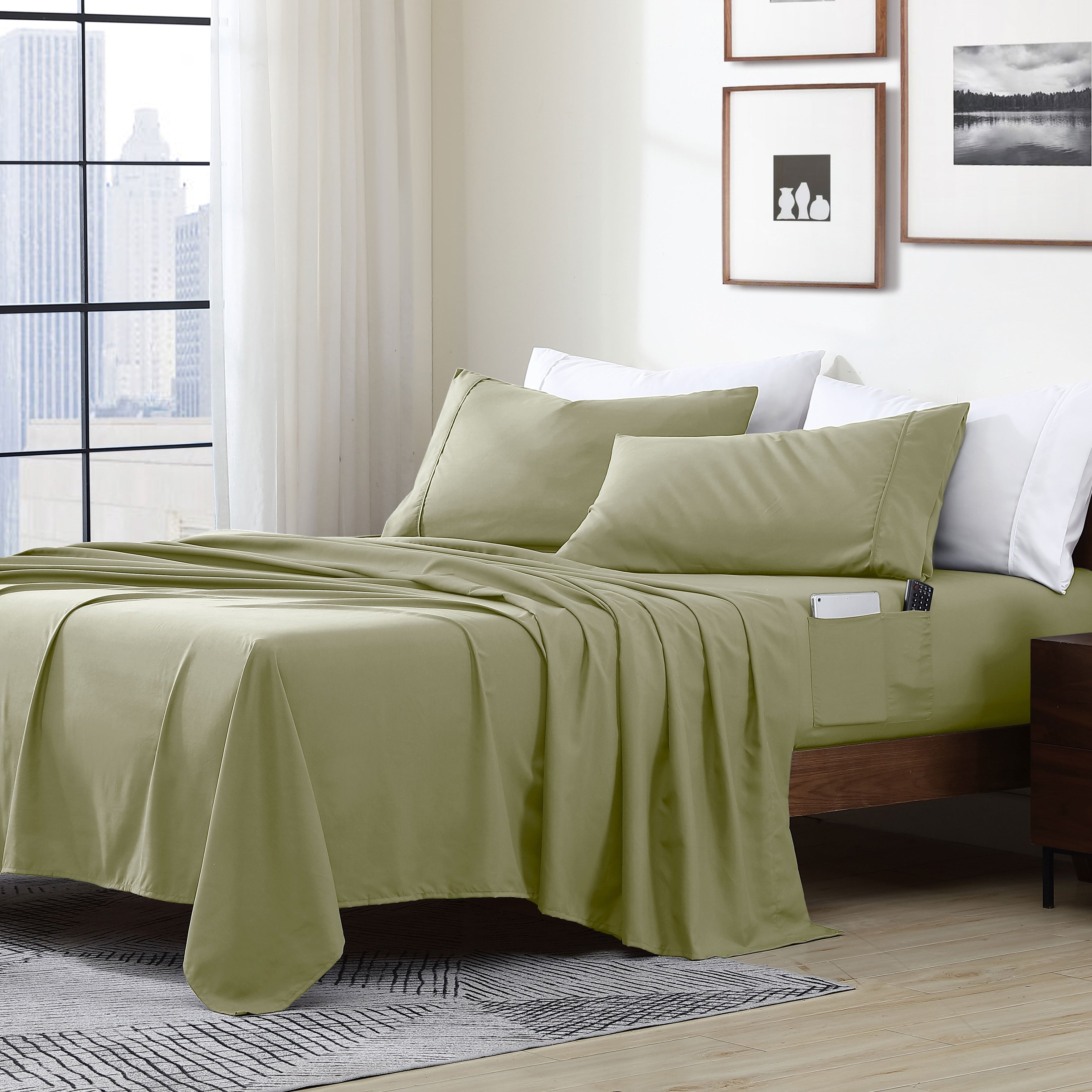 Parure de lit avec pochette de rangement en microfibre douce et essentielle pour draps intelligents