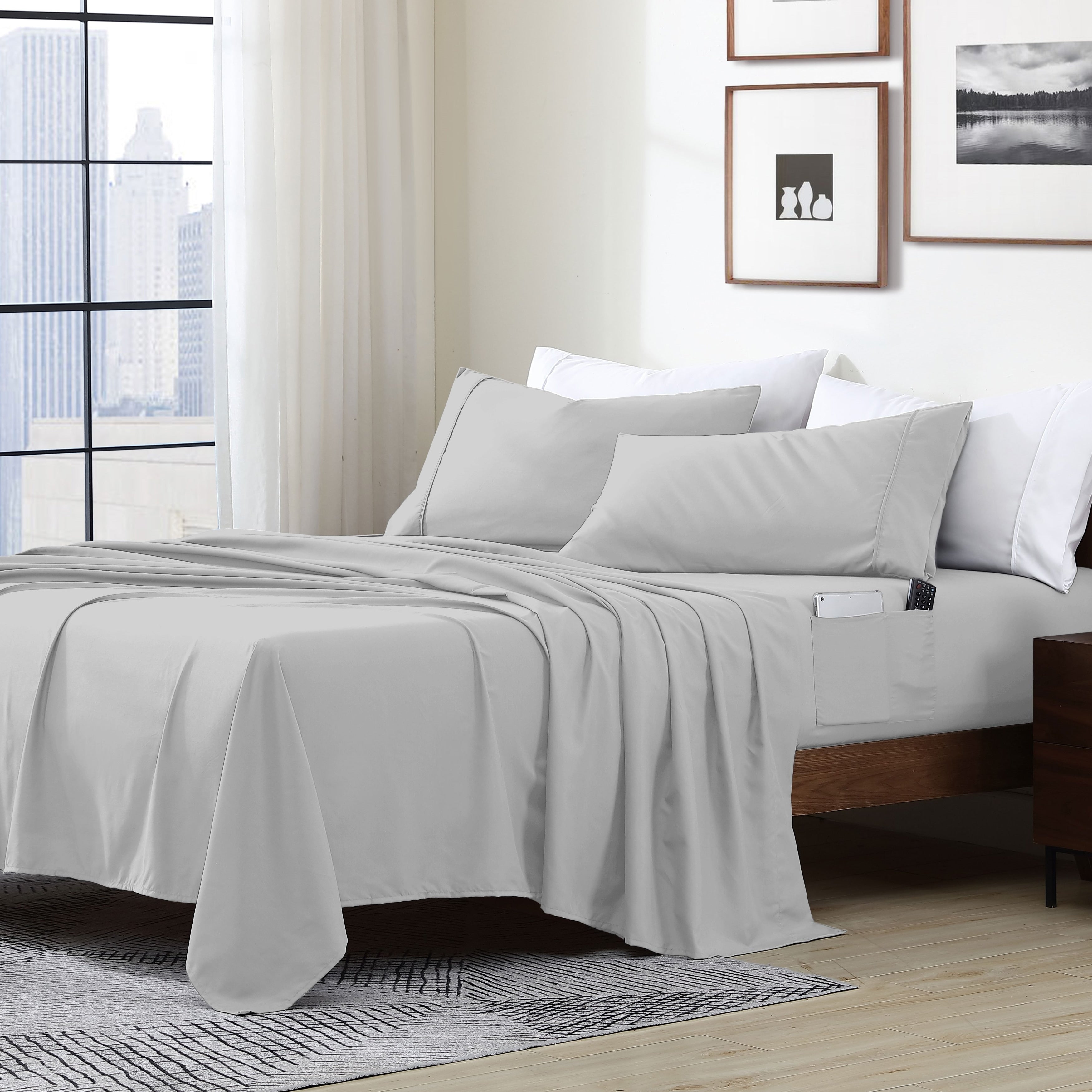 Parure de lit avec pochette de rangement en microfibre douce et essentielle pour draps intelligents