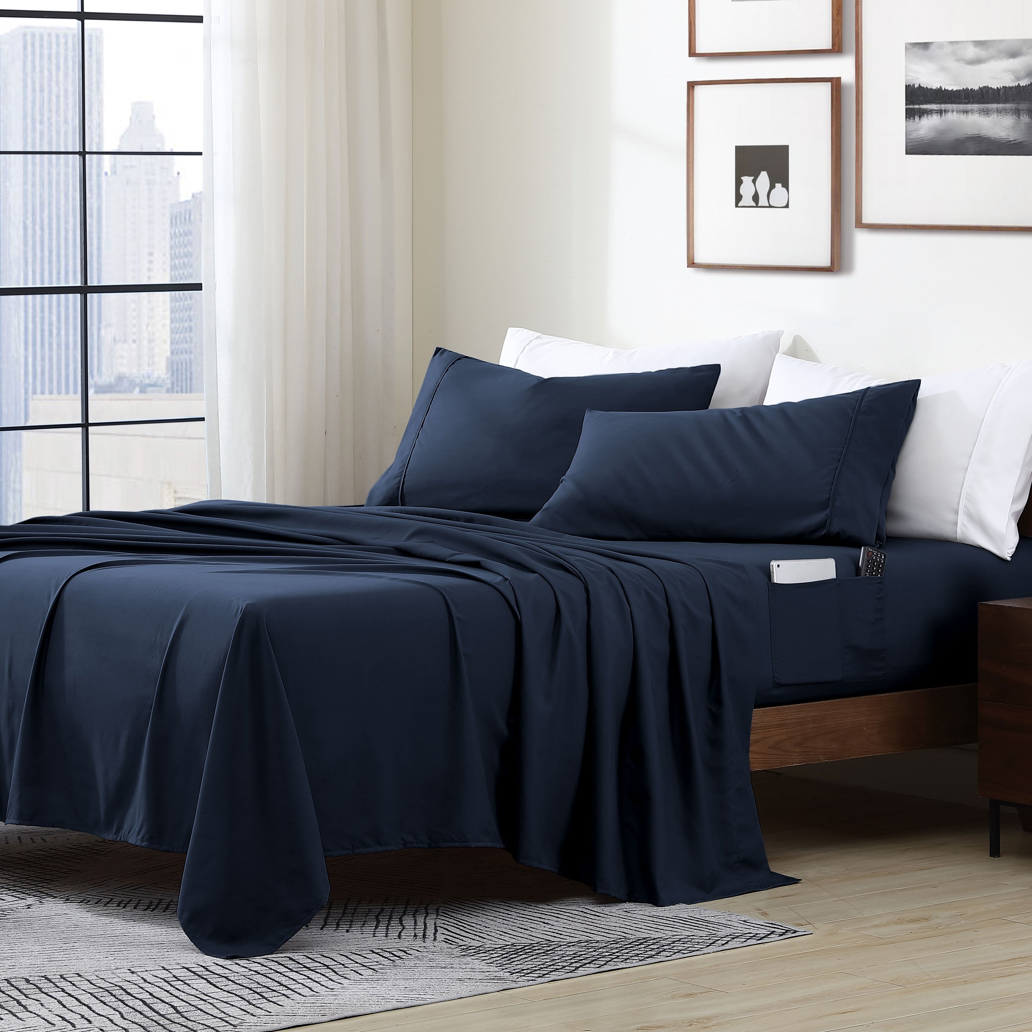 Parure de lit avec pochette de rangement en microfibre douce et essentielle pour draps intelligents