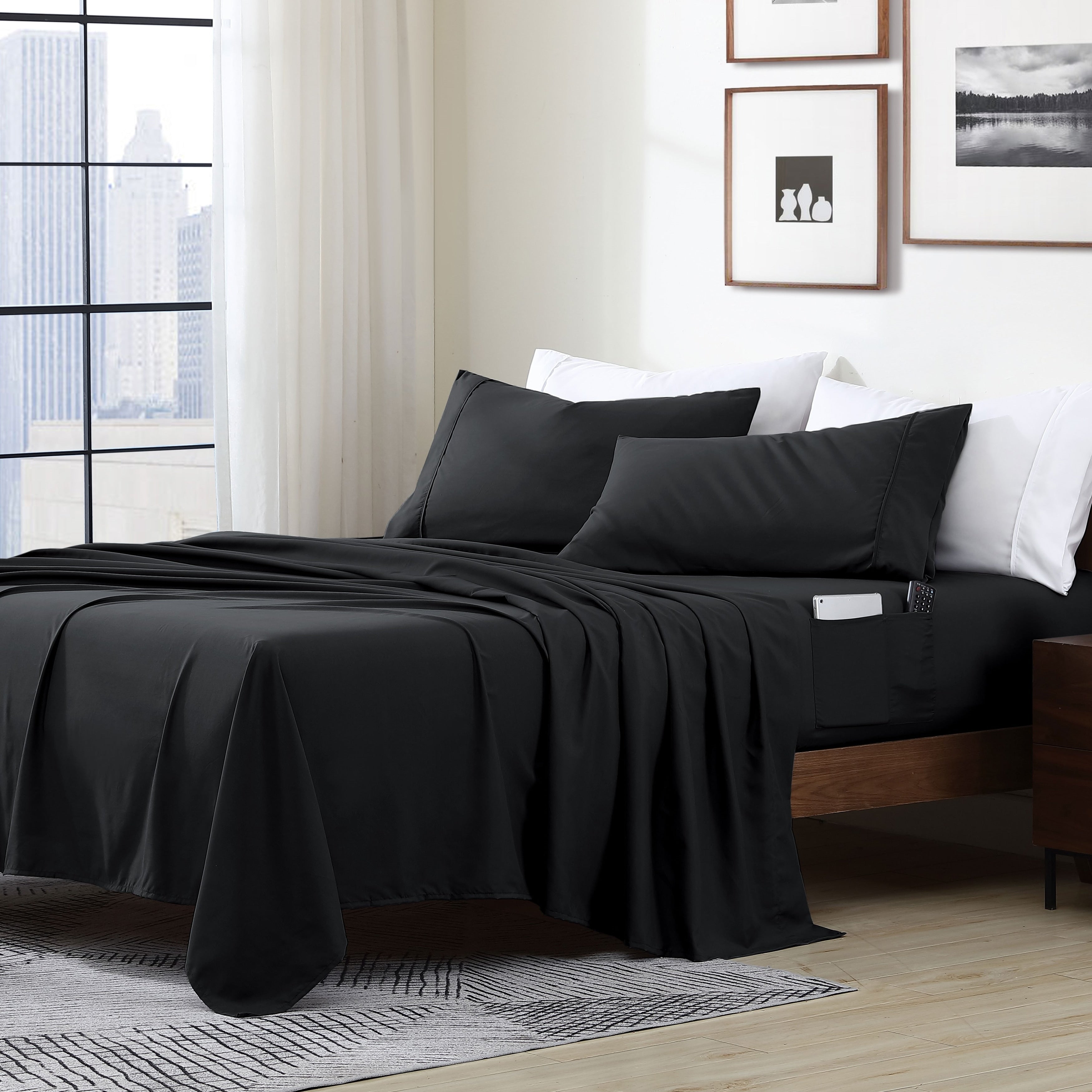 Parure de lit avec pochette de rangement en microfibre douce et essentielle pour draps intelligents