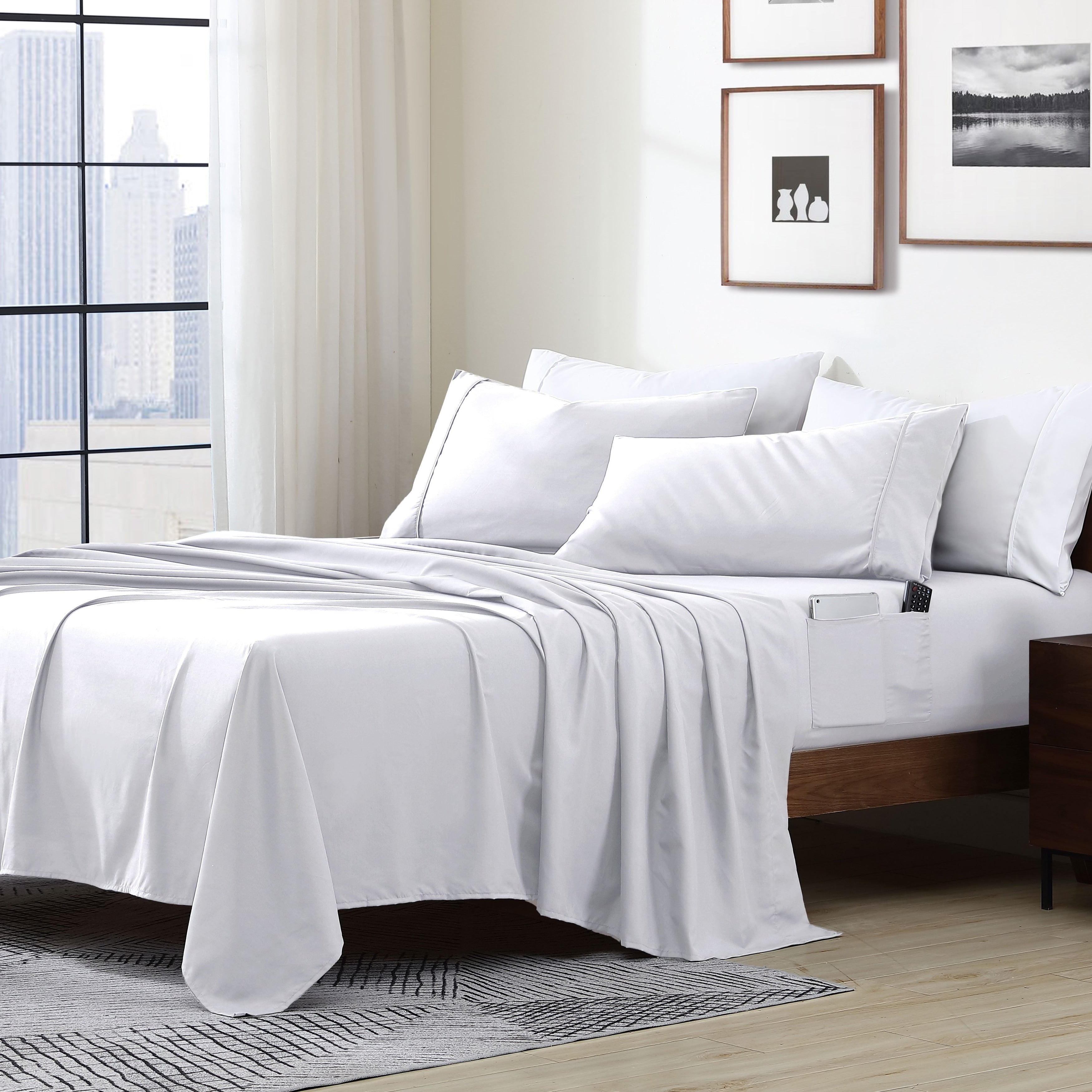 Parure de lit avec pochette de rangement en microfibre douce et essentielle pour draps intelligents