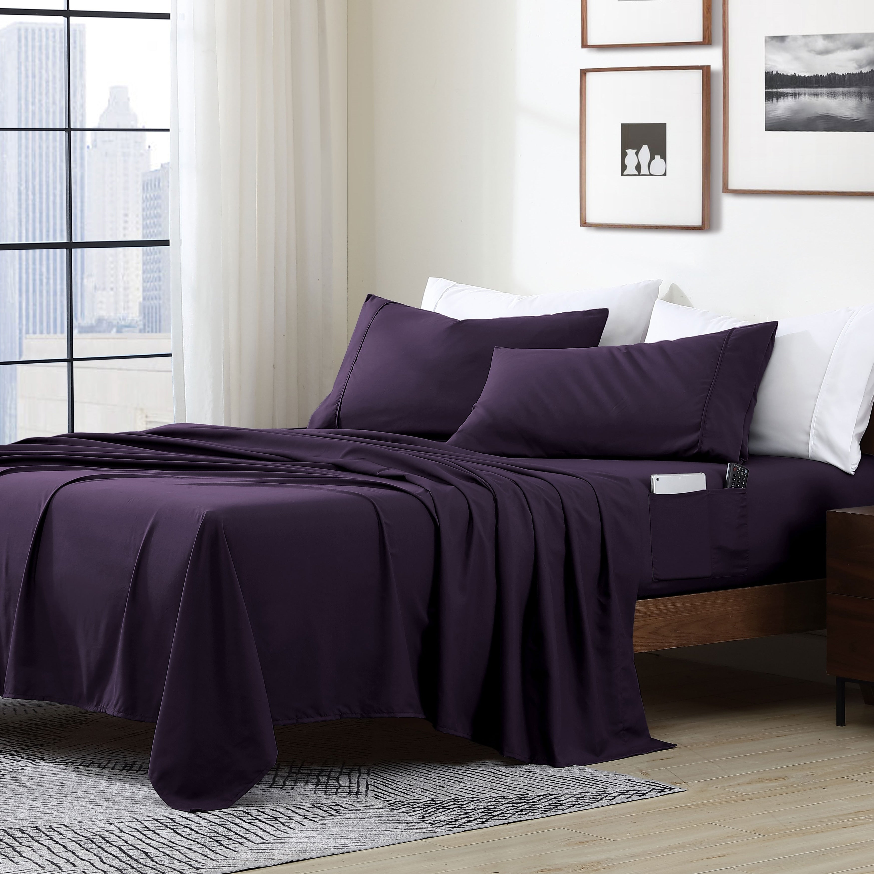 Parure de lit avec pochette de rangement en microfibre douce et essentielle pour draps intelligents